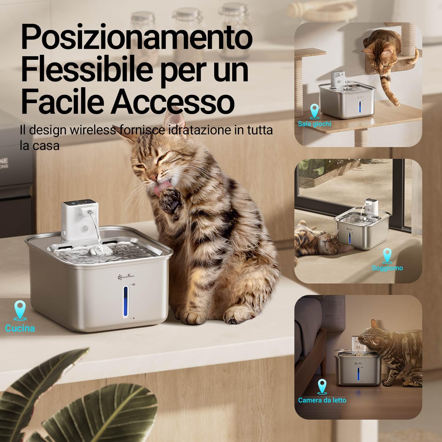 Fontanella per Gatti Acciaio senza Fili a Batteria 4000mAh, 3L Fontanella per Gatti con Sensore di Movimento, Ultra Silenziosa Dispenser Acqua Gatti, Lavabile in Lavastoviglie, Bianco