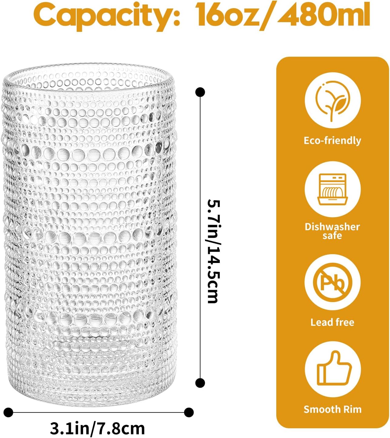 Vintage Hobnail Drinking Glasses Set of 6, 16 oz Large Capacity Embossed Clear Tumblers, Highball Glasses for Water, Cocktail, Beer, Whiskey, Kitchen & Bar Use - Image 2