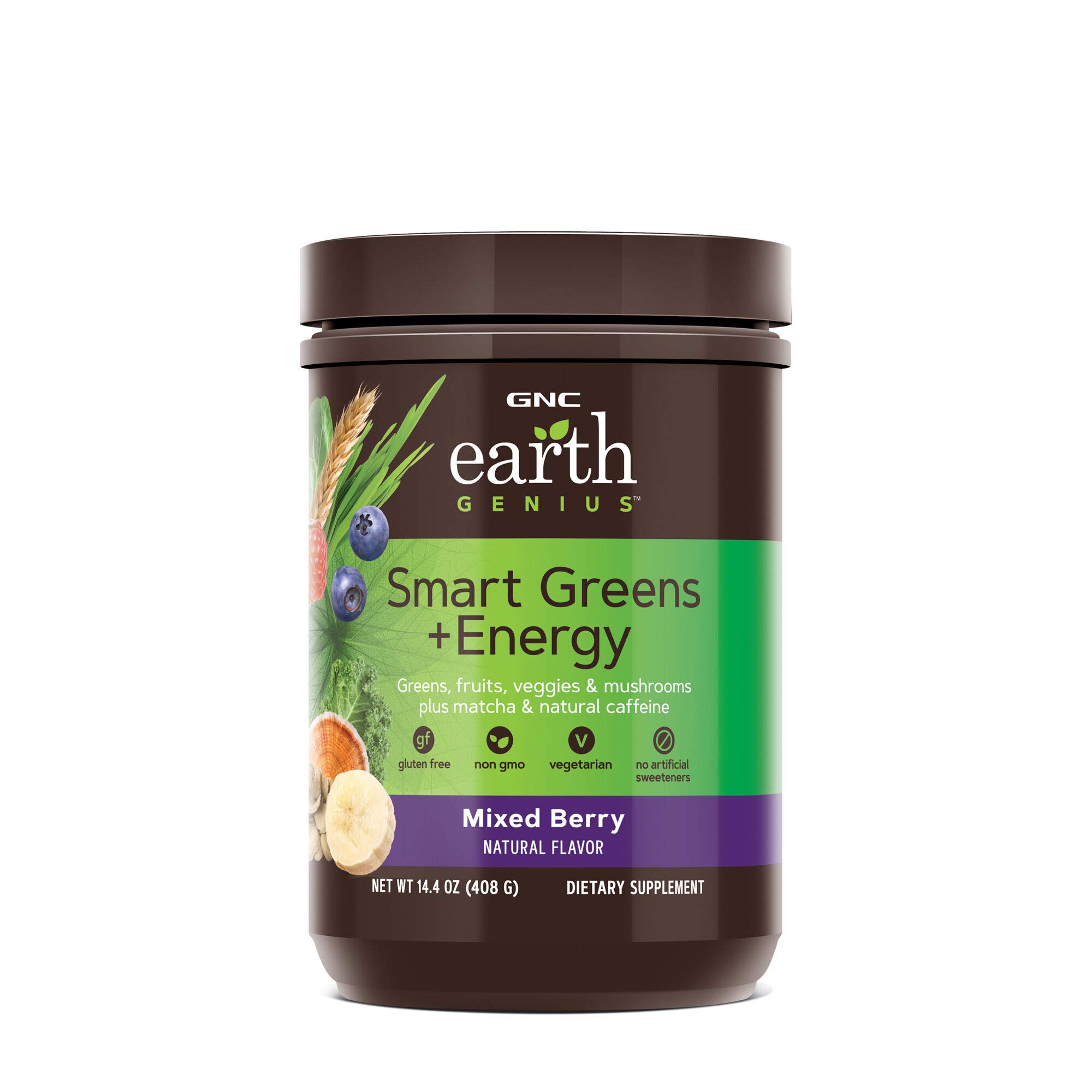 GNC Earth Genius Smart Green + Energy, Mixed Berry - 24 Servings, Natural Caffeine for Energized Boost