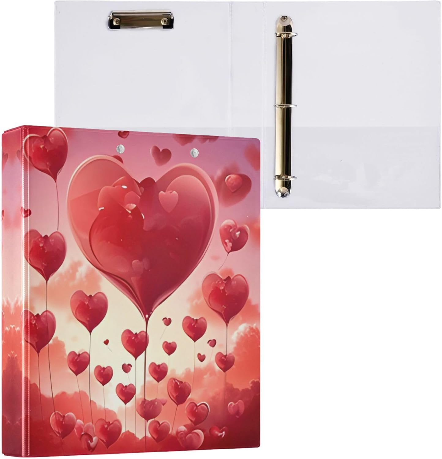 Valentine's Day Hearts 3 Ring Binders, 1.5” Round Ring Binders with Clipboard - Letter Size, 3 Interior PVC Clear Pockets & Anti-Slip Clip for Office School Supplies, 2PCS