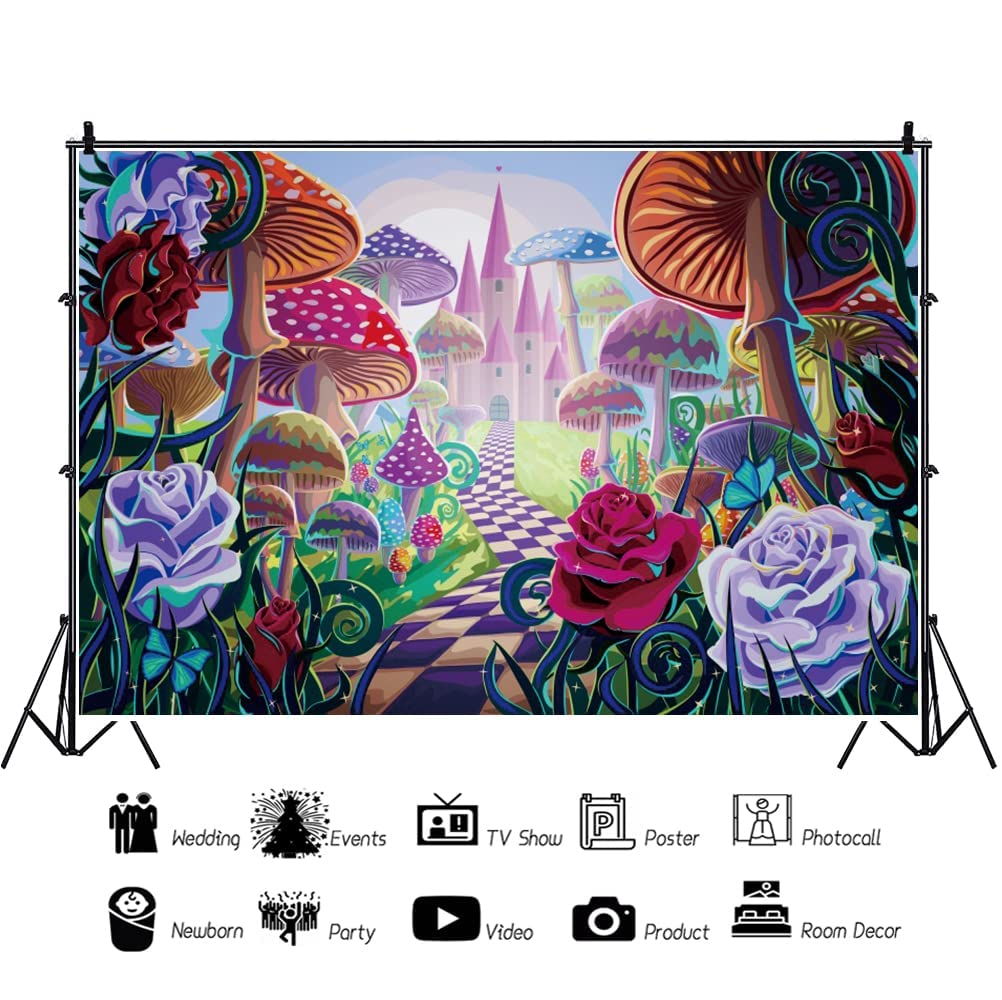 3 x 2,1 m Märchen Pilz Schloss Hintergrund Frühling Bunte Blumen Hintergrund Kinder Mädchen Prinzessin Geburtstag Party Zubehör Dekoration Babyparty Banner Fotoautomaten Studio Requisiten