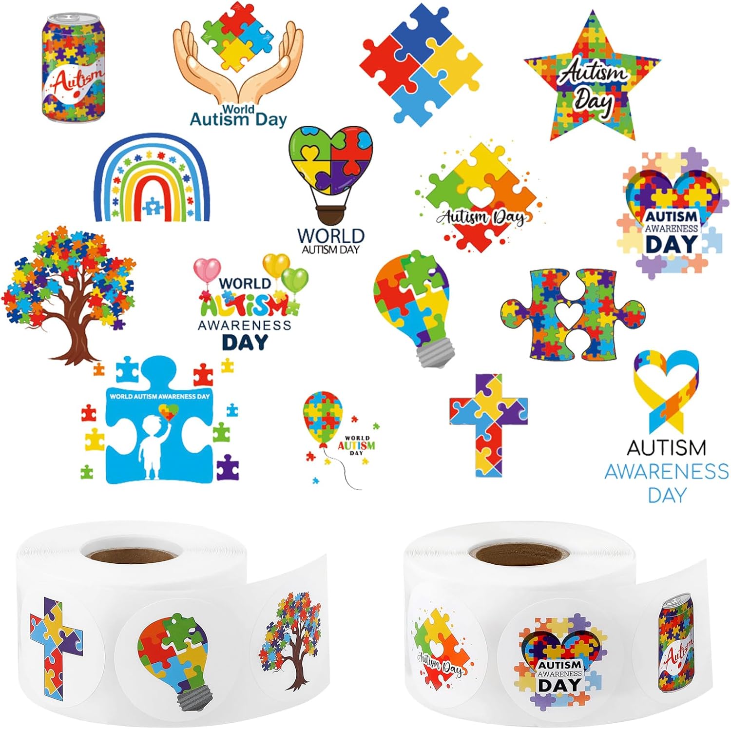 1200pcs Autism Awareness Stickers Roll,16 Designs Bulk Puzzle Decals,Self-Adhesive Autism Accessories Stickers for Water Bottles,Gift Wrap,Party Decor