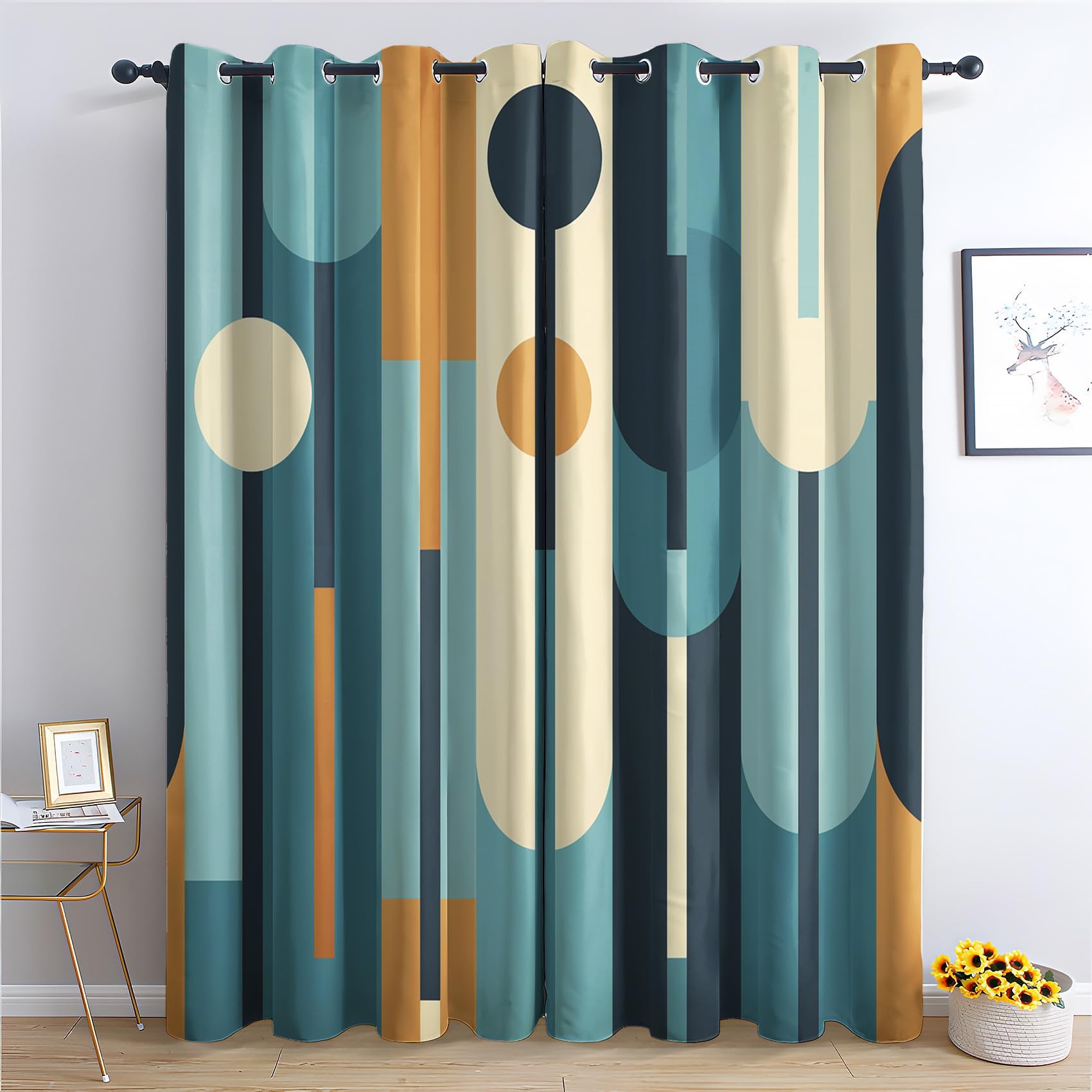 Nowoczesna geometryczna zasłona zaciemniająca w stylu mid-century 2 x 180x265cm (szer. x wys.) Abstrakcyjna sztuka Zestaw 2 termicznych zasłon z oczkami do salonu, sypialni, okna, kuchni