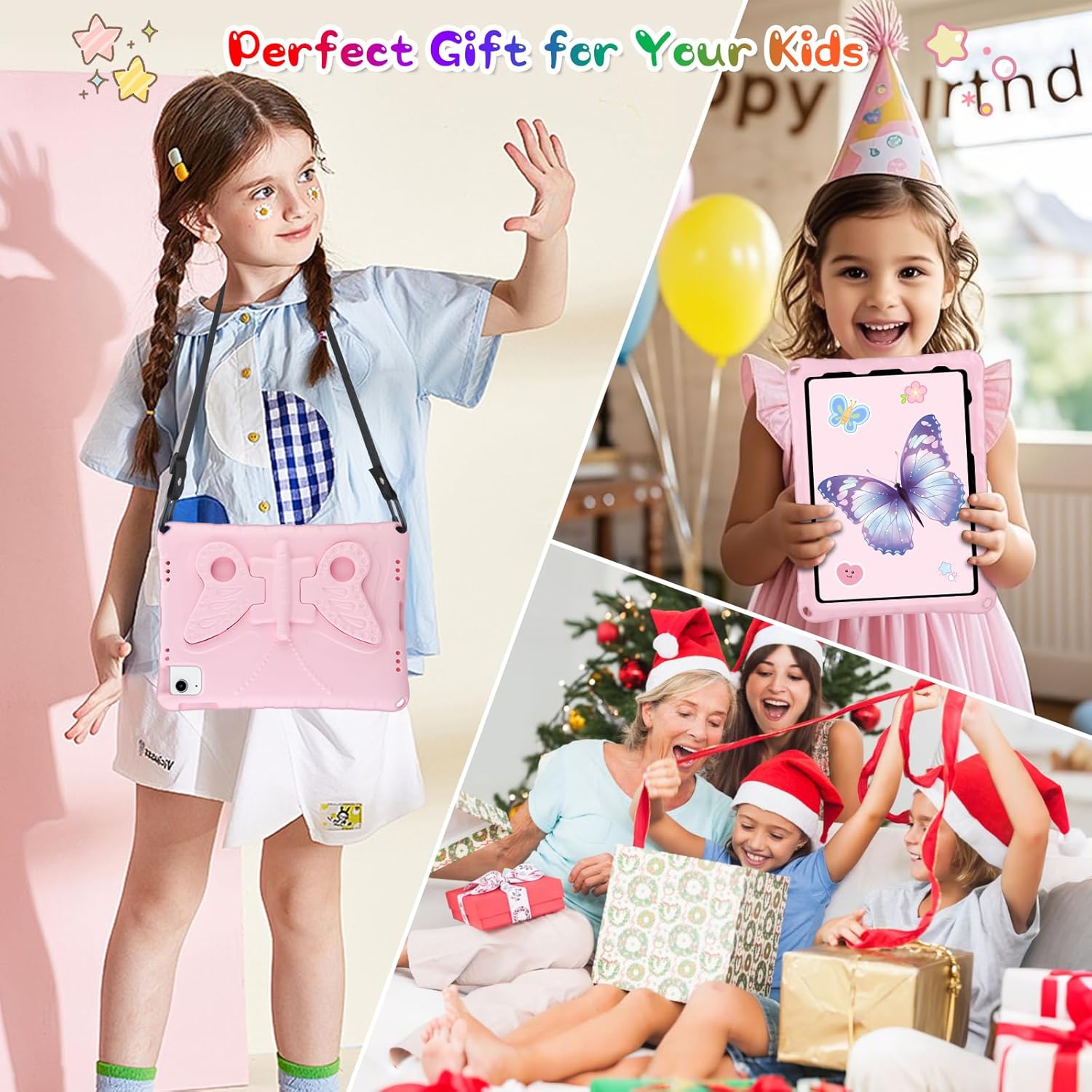 for iPad A16 11th Generation Case 11 Inch 2025 iPad 10th Generation 10.9 inch 2022 for Kids with Strap Butterfly Wings Stand Shockproof Protective EVA Tablet Case for Air 6th/4th/5th Pro 11inch