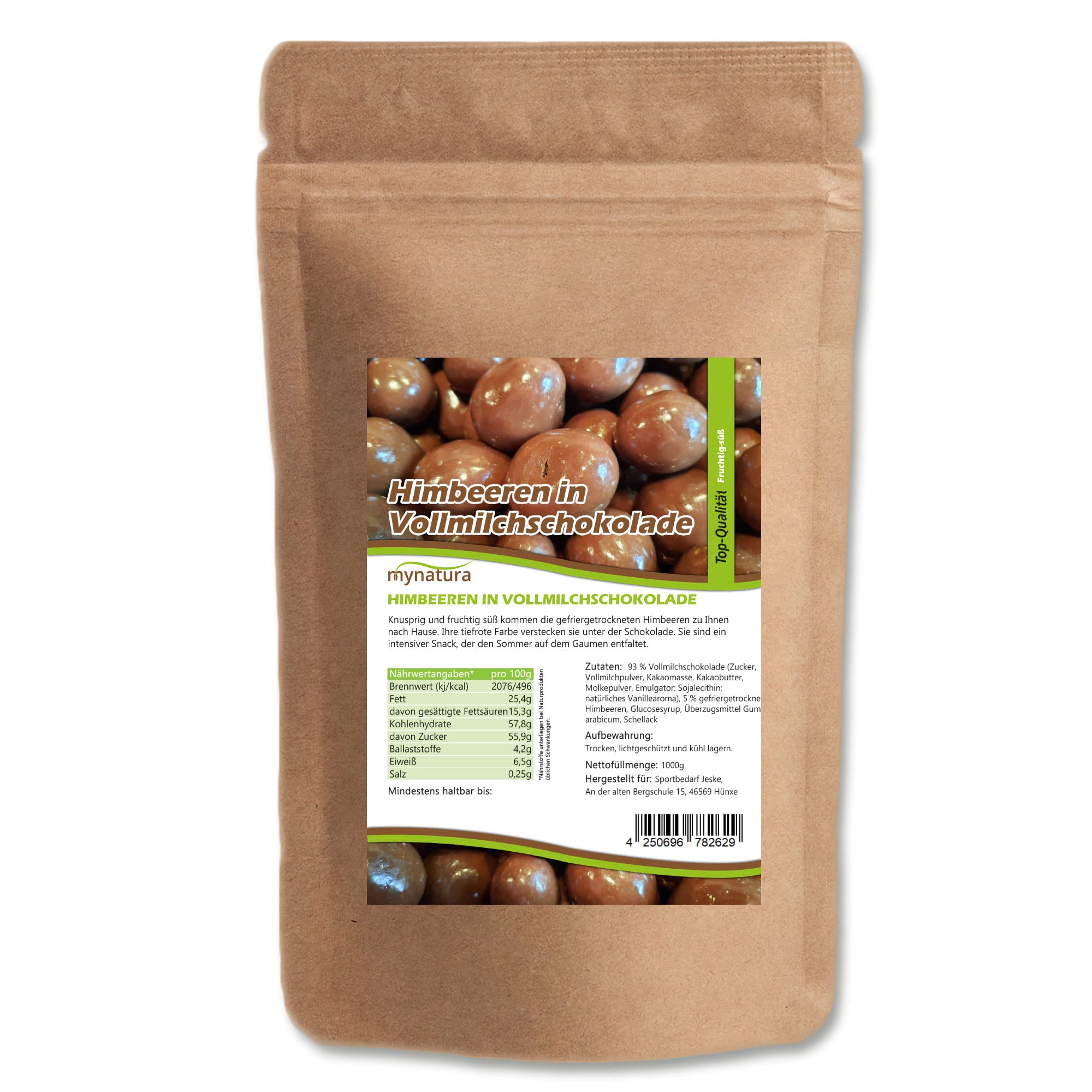 Mynatura Himbeeren in Vollmilchschokolade I Gefriergetrocknet I Raspberry I Schokolade I Vollmilch I Snack I Schokofrüchte I Im Beutel (1kg)