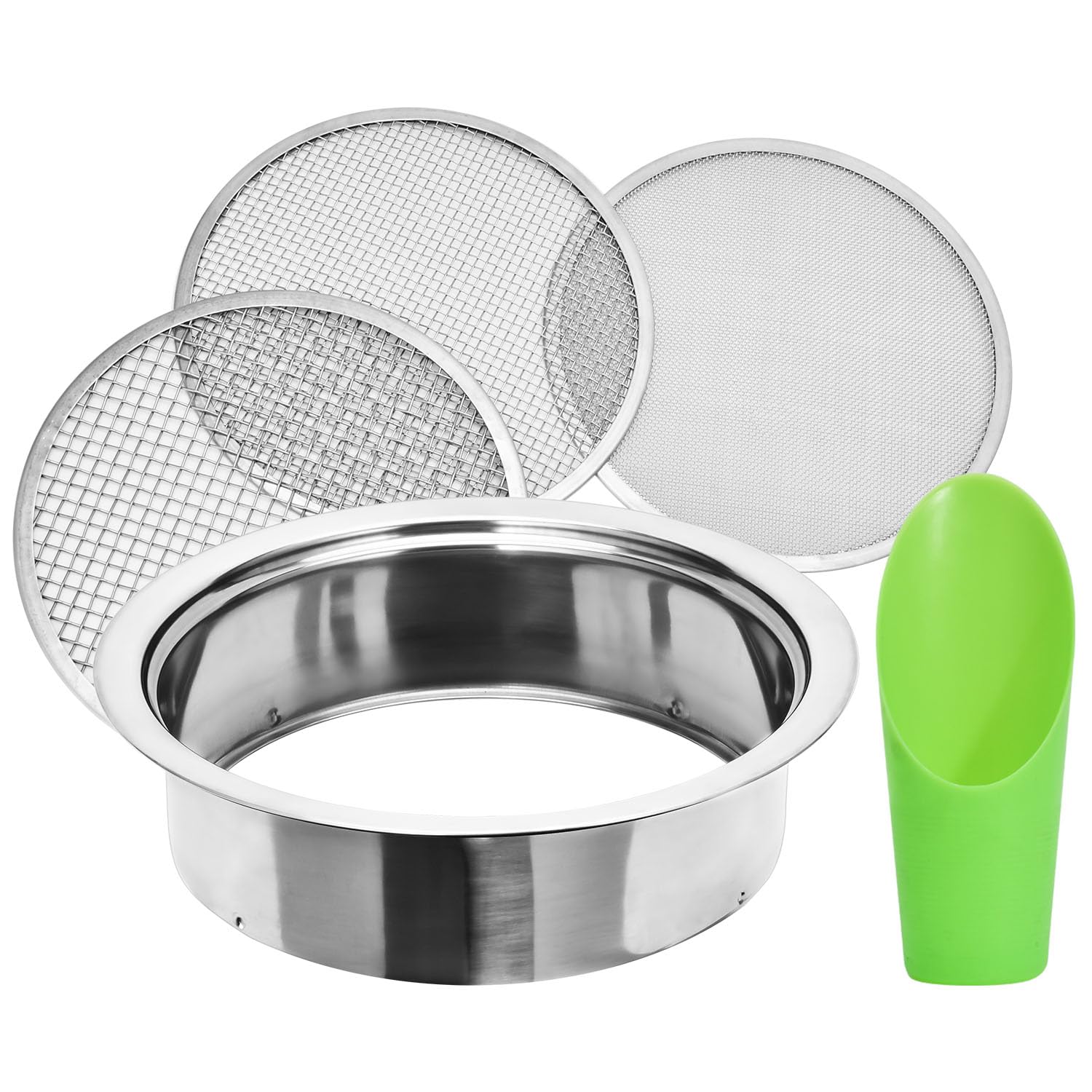 Soil Sieve Sifter Set Stainless Steel,Garden Sieve Set with 3 Interchangeable Mesh 1,3,5mm,Sifting Screen for Dirt, Sand, Rock, Filtration, Compost, with Soil Scoops Gardening Tool