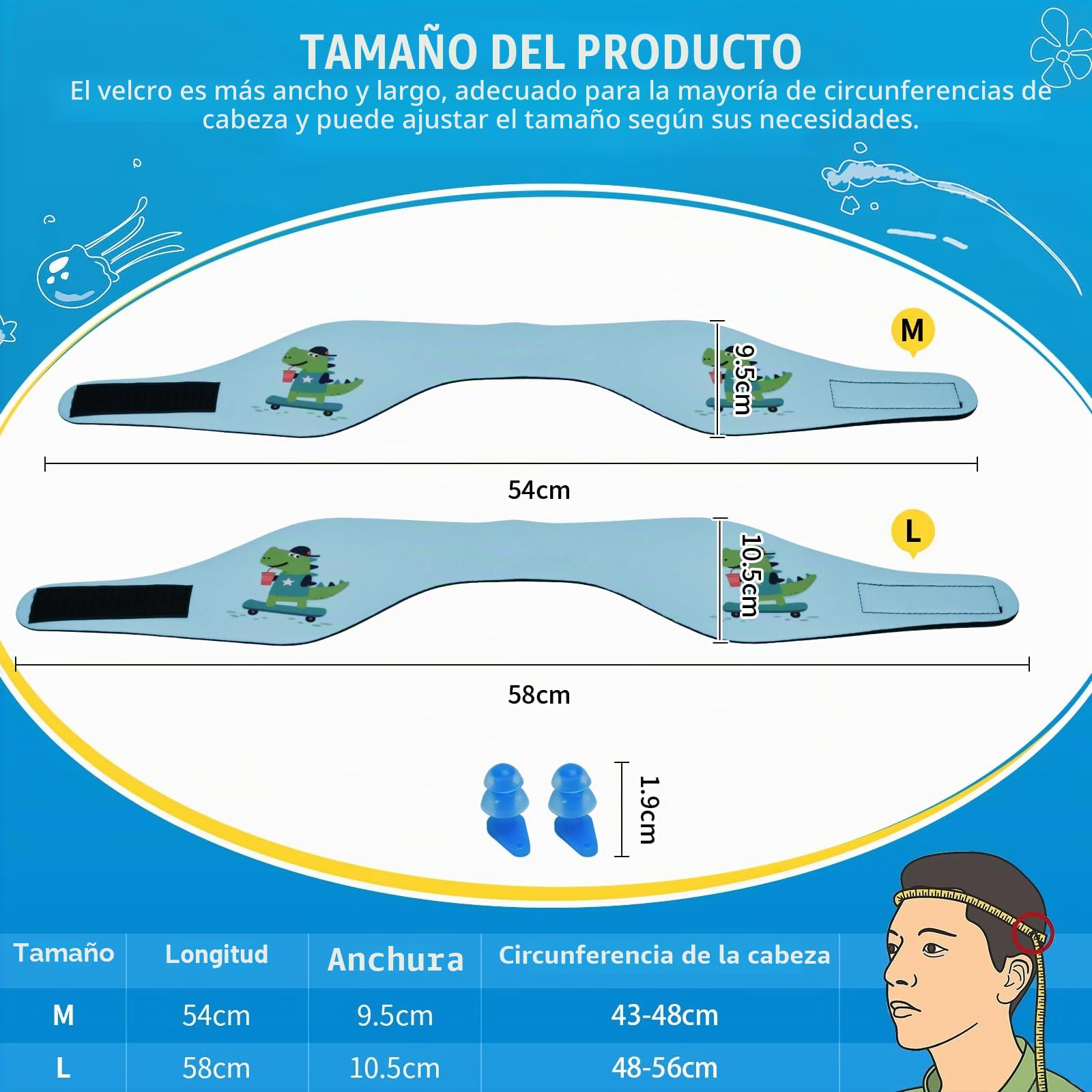 Diadema de Natación, Banda de Neopreno Elástica, Banda para Cabeza de Natación Cinta Natacion Oidos Niños Con Patrón Animal Lindo para Nadar y Surfear (Azul, M)