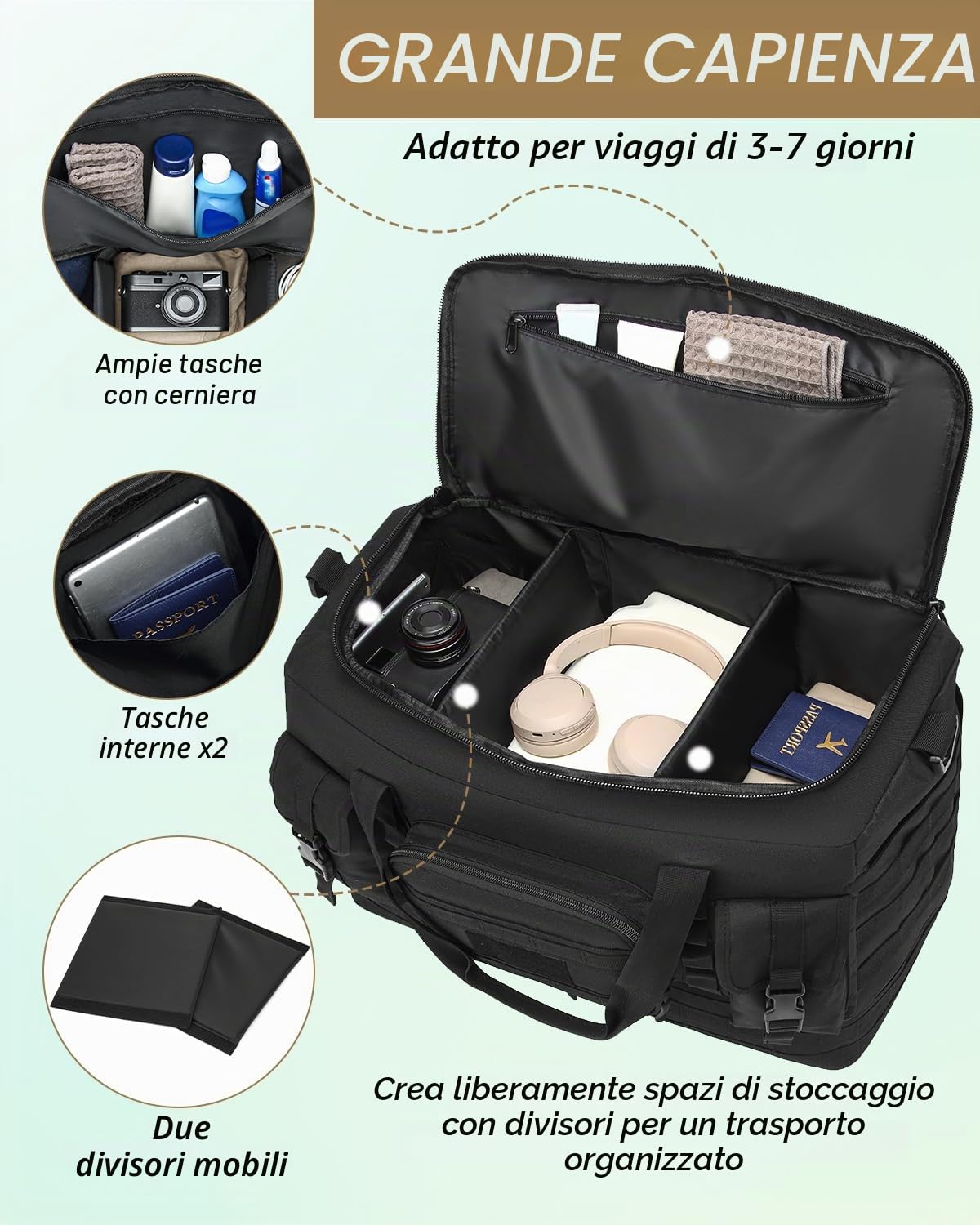 Borsone da viaggio da uomo da 50 l, borsa da palestra con set da toilette per fitness, weekender, campeggio