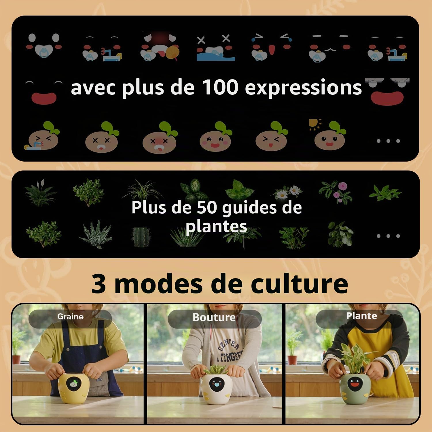 Plantbot Grand pot de fleurs intelligent amélioré pour animaux de compagnie, avec intelligence artificielle, affichage de la température du temps et base d'animations expressives, pour décoration