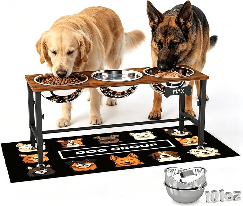 Comedouro elevado para cães ADENGL em madeira e metal com 3 tigelas inoxidáveis e altura ajustável, 3 x 3 L