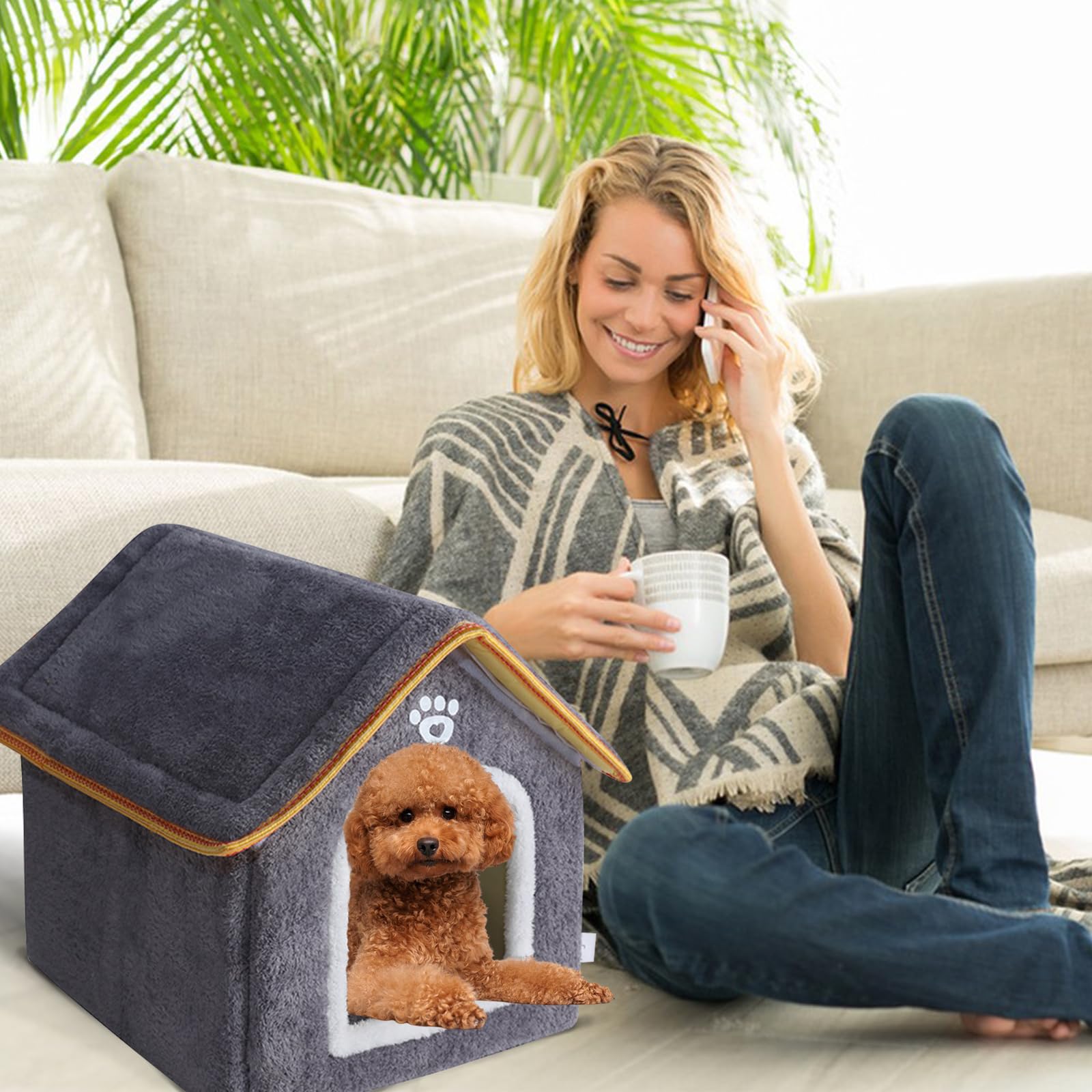 Galatée Casa para Perros, Cueva para Gatos Cálida y Acogedora para Interiores, Lindo Gato Perro De Peluche Lavable Igloo, Cómoda Casa para Mascotas para Cachorros, Gatitos y Conejos(M, Gris)