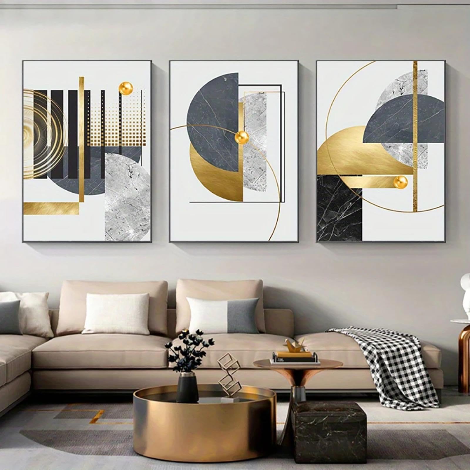 YIUEYI Pinturas en lienzo con patrón de arte geométrico dorado abstracto, carteles de lámina dorada, cuadros de pared modernos para sala de estar, decoración del hogar, 11x14in-28x36cmx3 con marco