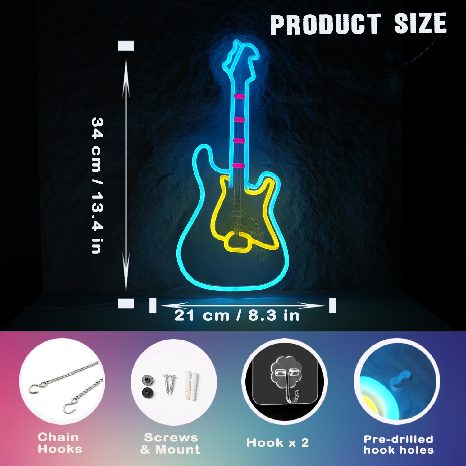 Electic Guitar Neon Light, Guitar Neon Sign, LED Wall Decor with USB Powered (6.5ft cable), Dimmable Light Guitar Gifts Aesthetic Decor for Man Cave, College Dorm, Bedroom, Music Studio - Image 2