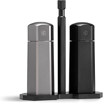 HexCladTabletop Salt and Pepper Mill Set and Carrying Caddy Holder with Adjustable Coarseness Settings