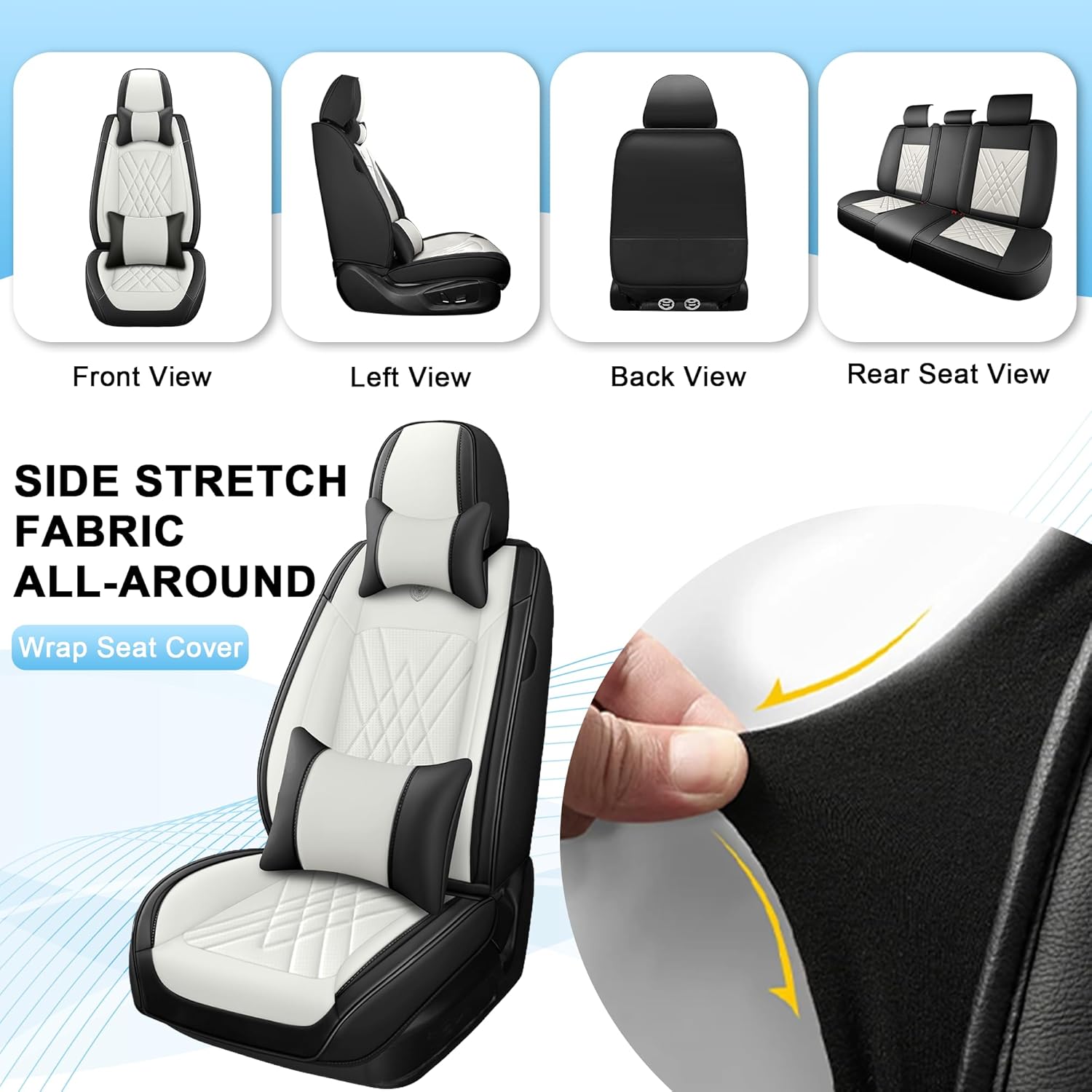 Seat Covers Full Set Fit for Jeep Wrangler 2007-2026, Full Coverage Waterproof Leather Seat Cover for Car, Non-Slip Car Seat Cushion (Black&White)