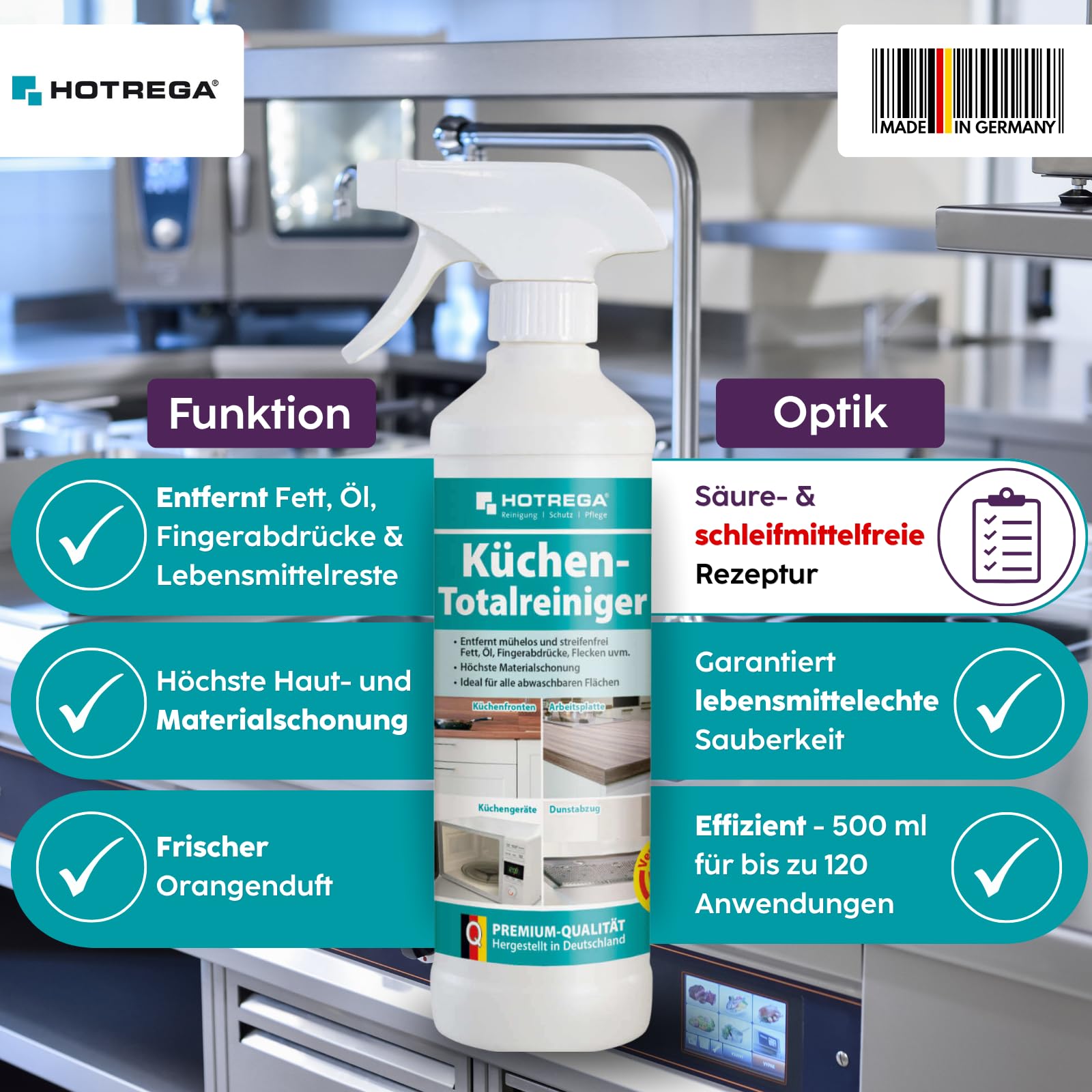 HOTREGA Küchenpflege-Set matt | Reiniger für Küchenfronten & Edelstahl | Glaskeramikreiniger + Küchen-Totalreiniger | Inklusive Mikrofaser-Pflegetuch | pH-neutral & Streifenfrei | Made in Germany