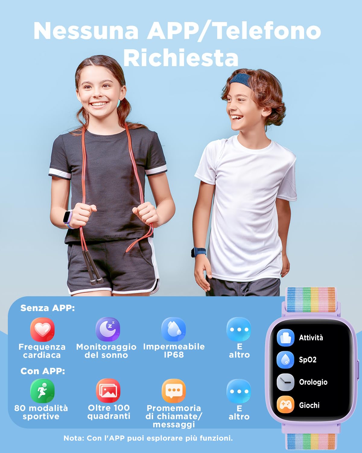 BIGGERFIVE Smartwatch Bambini Bambina Ado 5-16, 1,8" Fitness Tracker | Orologio Contapassi, Frequenza Cardiaca, Resistente all'Acqua IP68, Monitor del Sonno, Giochi Puzzle con/senza APP, Nylon