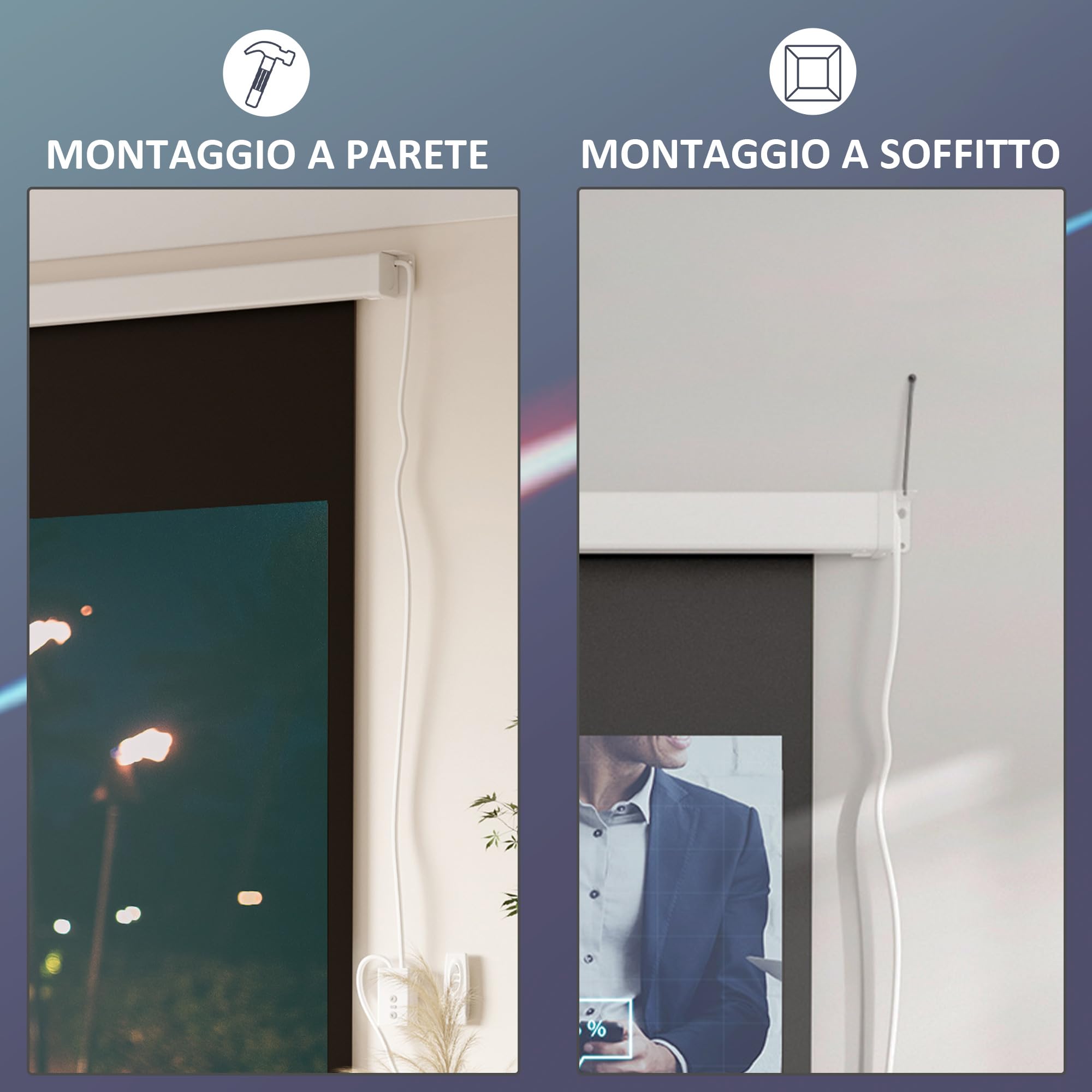 HOMCOM Telo Proiettore Motorizzato da 100 Pollici 4K HD Formato 16:9, Schermo Proiettore Motorizzato Elettrico con Telecomando, per Casa, Cinema, Ufficio, Home, Esterno, 247x7.5x168 cm, Bianco