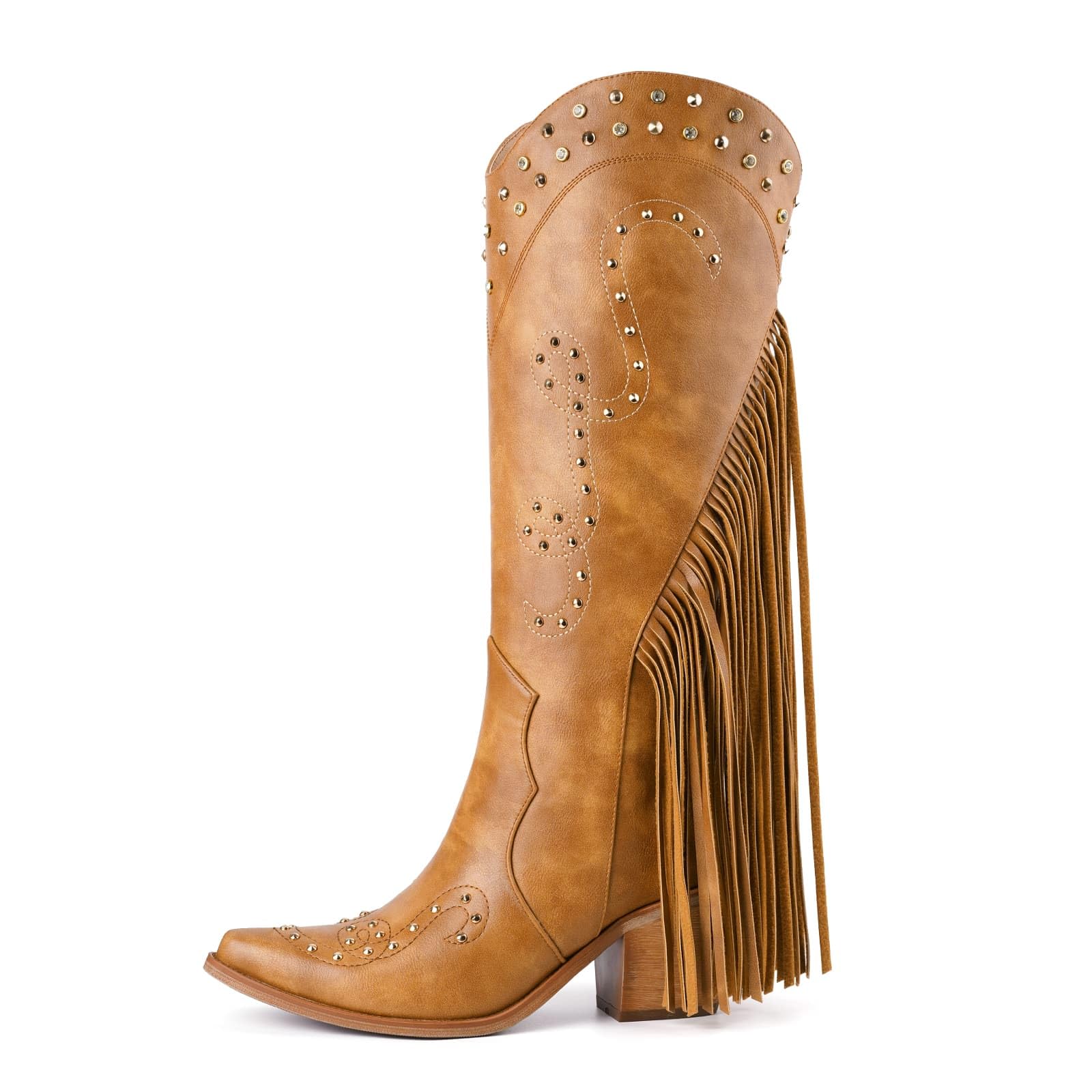Cowboy Boots for Women Rivet Rhinestone Pointed Toe Fringe Cowgirl Boots Comfortable Chunky Heel Wide-Calf Fashion Western Boot