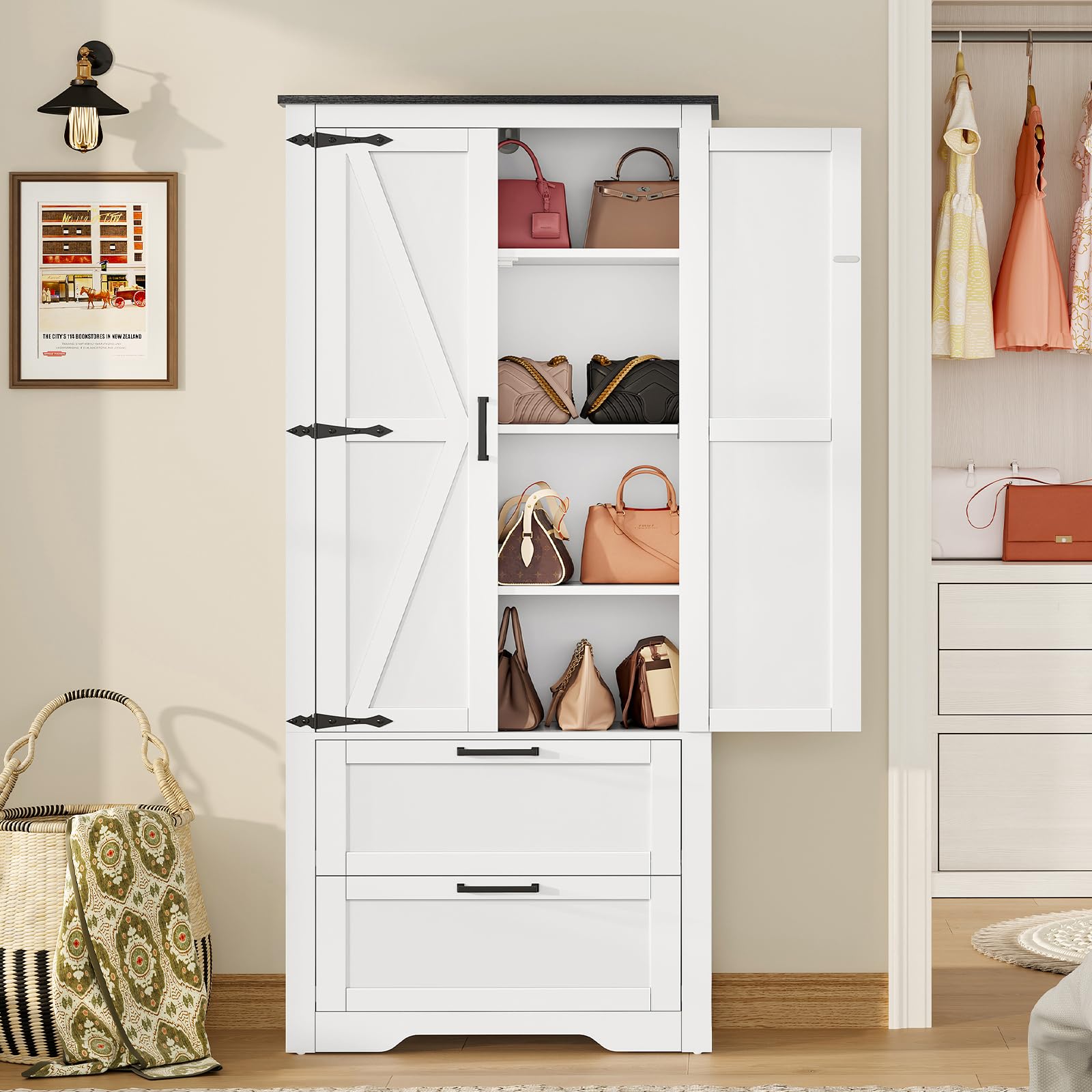 TEENFON 66.2" H Pantry Cabinet, Farmhouse Kitchen Pantry Cabinet with 2 Drawers & Adjustable Shelf, Bathroom Storage Cabinet, for Living Room, Kitchen, Bathroom, White - 3