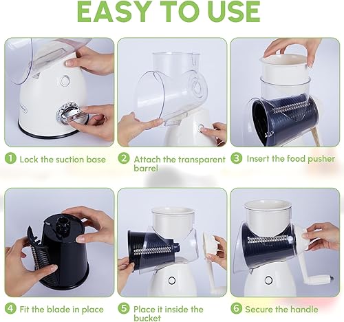 Miniatura 6 de Rallador rotativo de queso con asa, cortador de verduras y triturador de queso con 5 cuchillas de acero inoxidable, base de succión fuerte y caja de