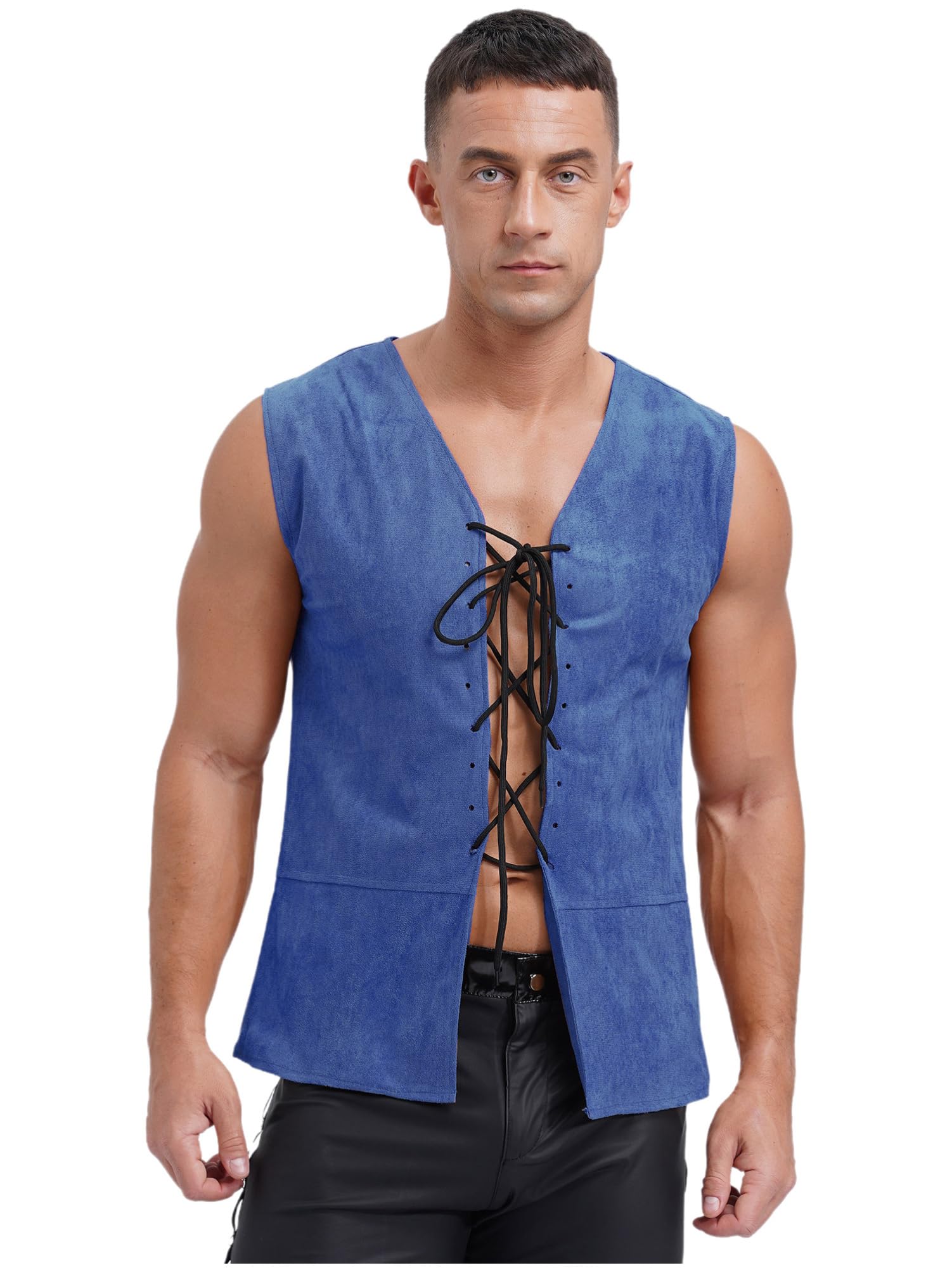 CHICTRY Men's Steampunk Vintage Medieval Vest Renaissance Lace-up Waistcoat Pirate Costume Top Navy Blue XL