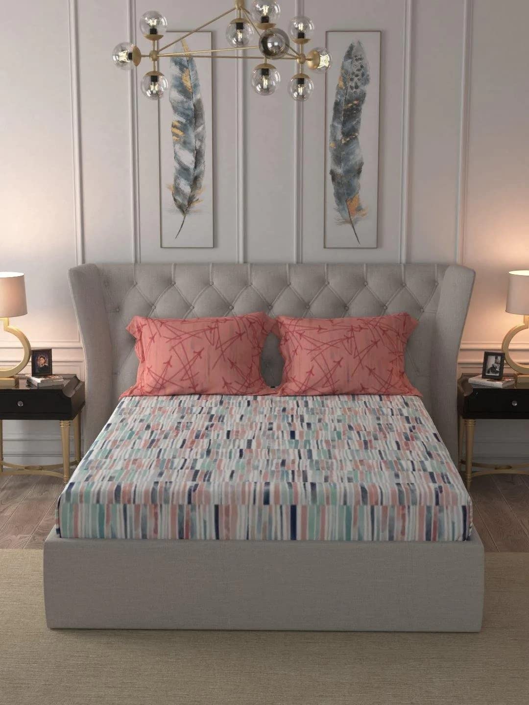 Urban Space Divine 144 TC 100% Cotton Printed Fitted Bedsheet King Size with 2 Pillow Covers, Size 78 inch x 72 inch, Stripes Pink