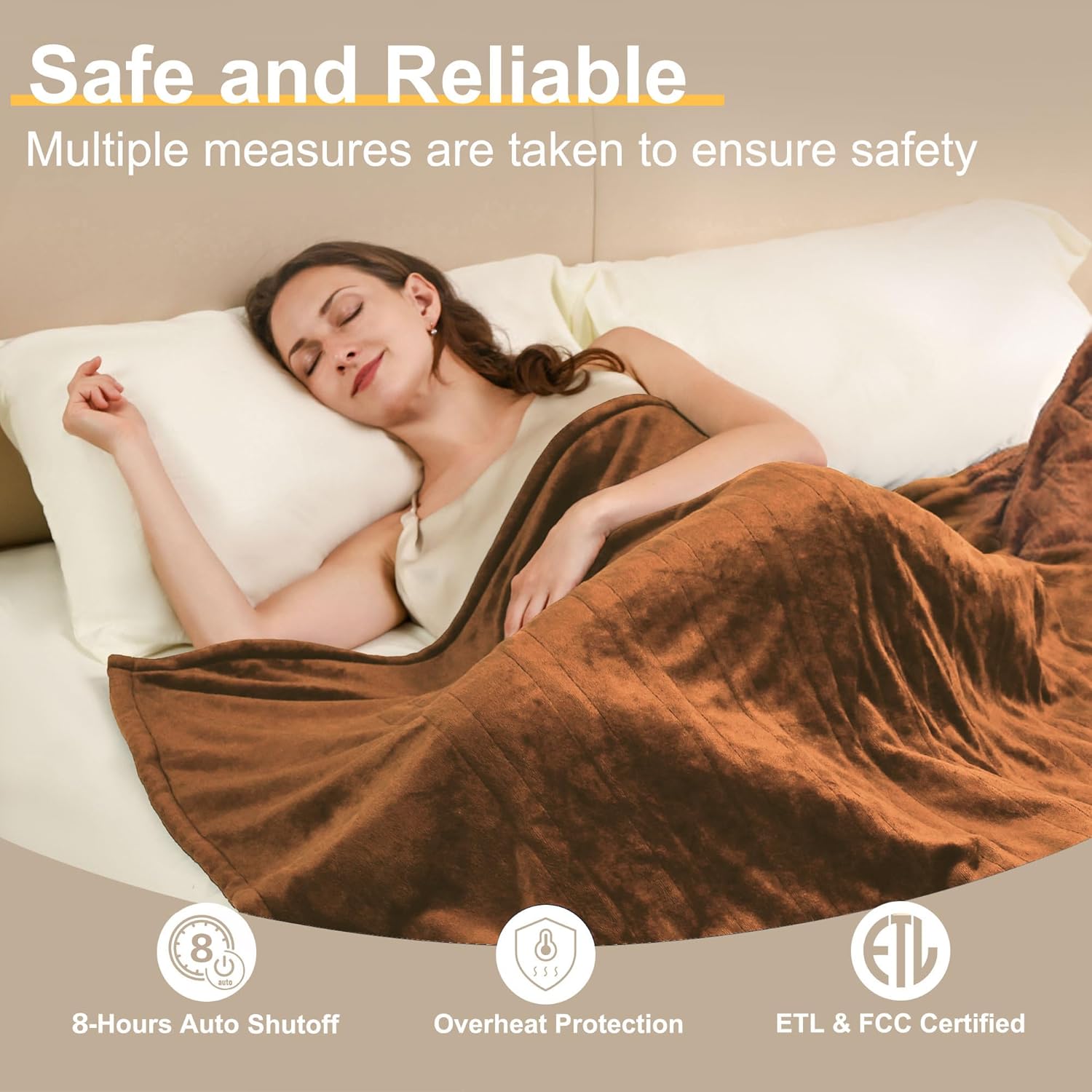 Gintao Electric Heated Blanket Full Size, 72"x84" Double Soft Flannel Electric Blanket with 3 Heating Levels,ETL&FCC Certified,8H Auto Off Heating Blanket&Overheat Protection,Gifts,Brown - Image 2