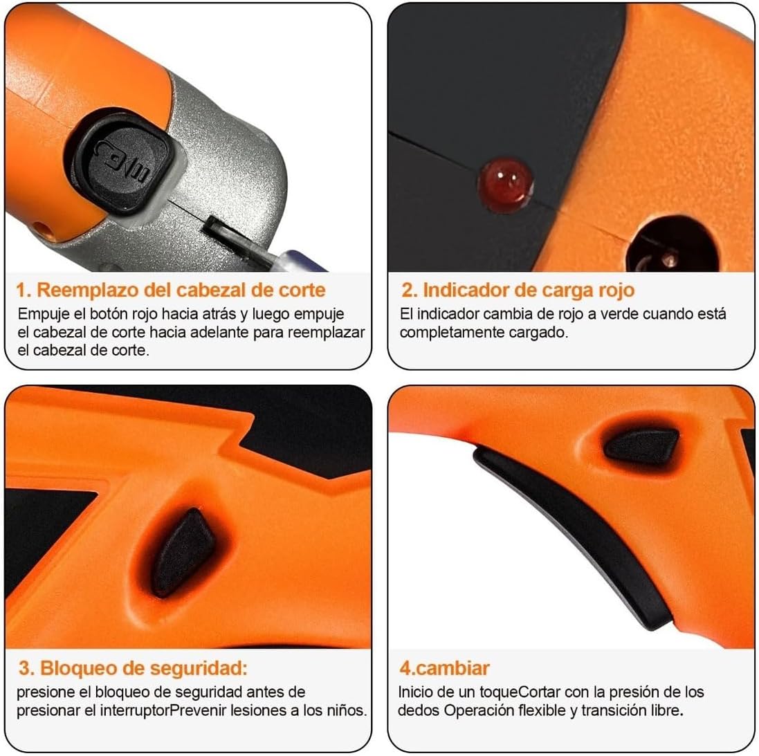 Нарийвчилсан view of the electric scissors' controls: 1. Cutting head replacement mechanism, 2. Red charging indicator light, 3. Safety lock button, 4. Power switch.