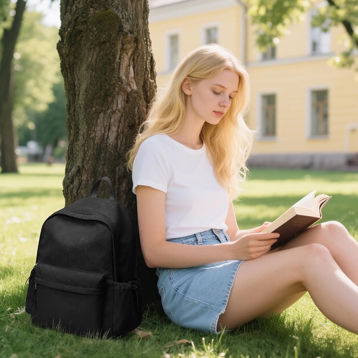 Black School Backpack for Teens Boys Girls Cute Corduroy Bookbag Classic Casual High School Bag Lightweight College Backpack For Women Men - Image 6