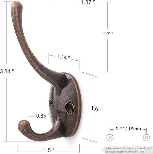 Miniatura 2 de Gancho pequeño de aleación de zinc montado en la pared, colgador de doble capa de 1 pulgada, paquete de 6 (acabado de cobre rojo antiguo)