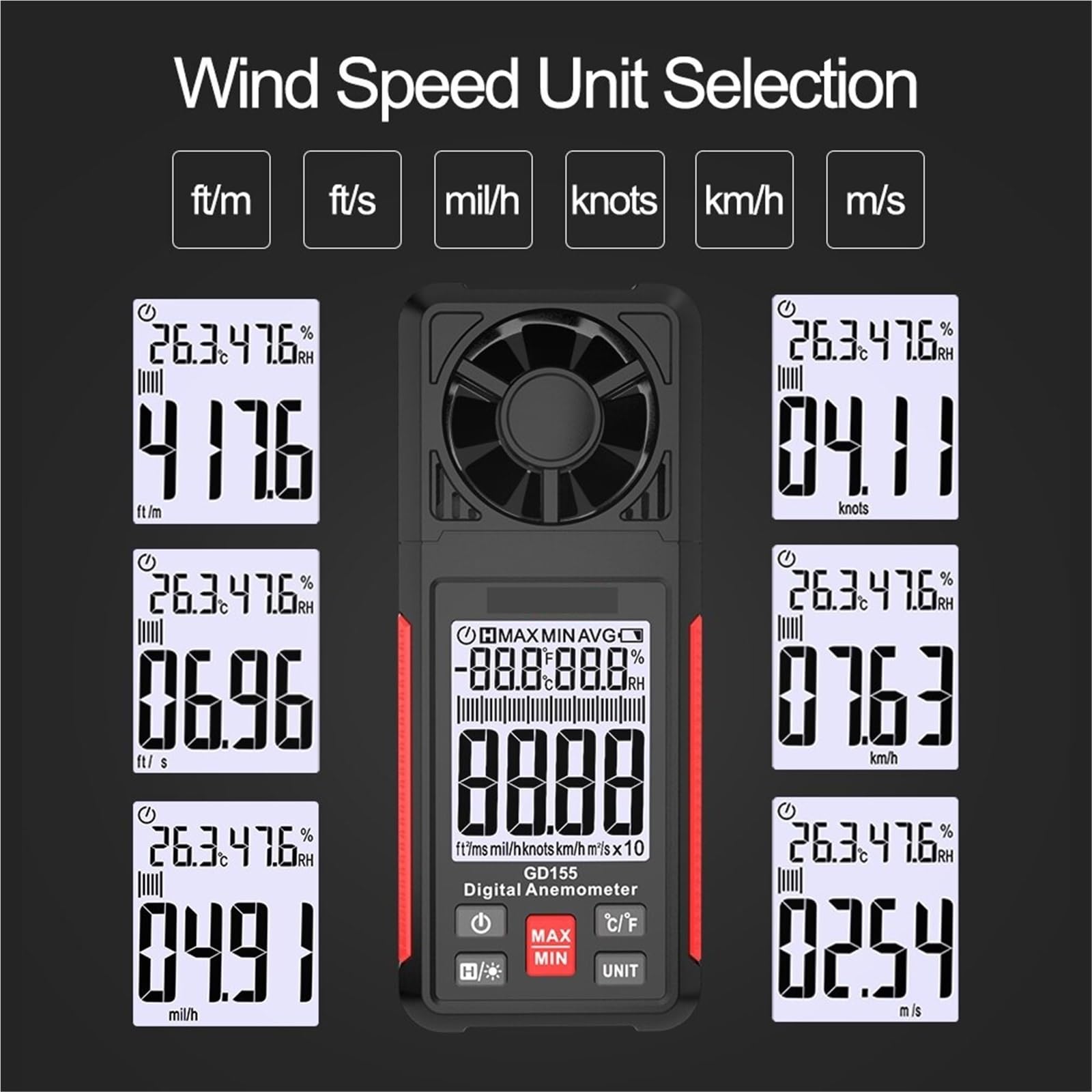 Anemómetro digital portátil GD155 for medir la velocidad del viento, la temperatura y la sensación térmica con retroiluminación.