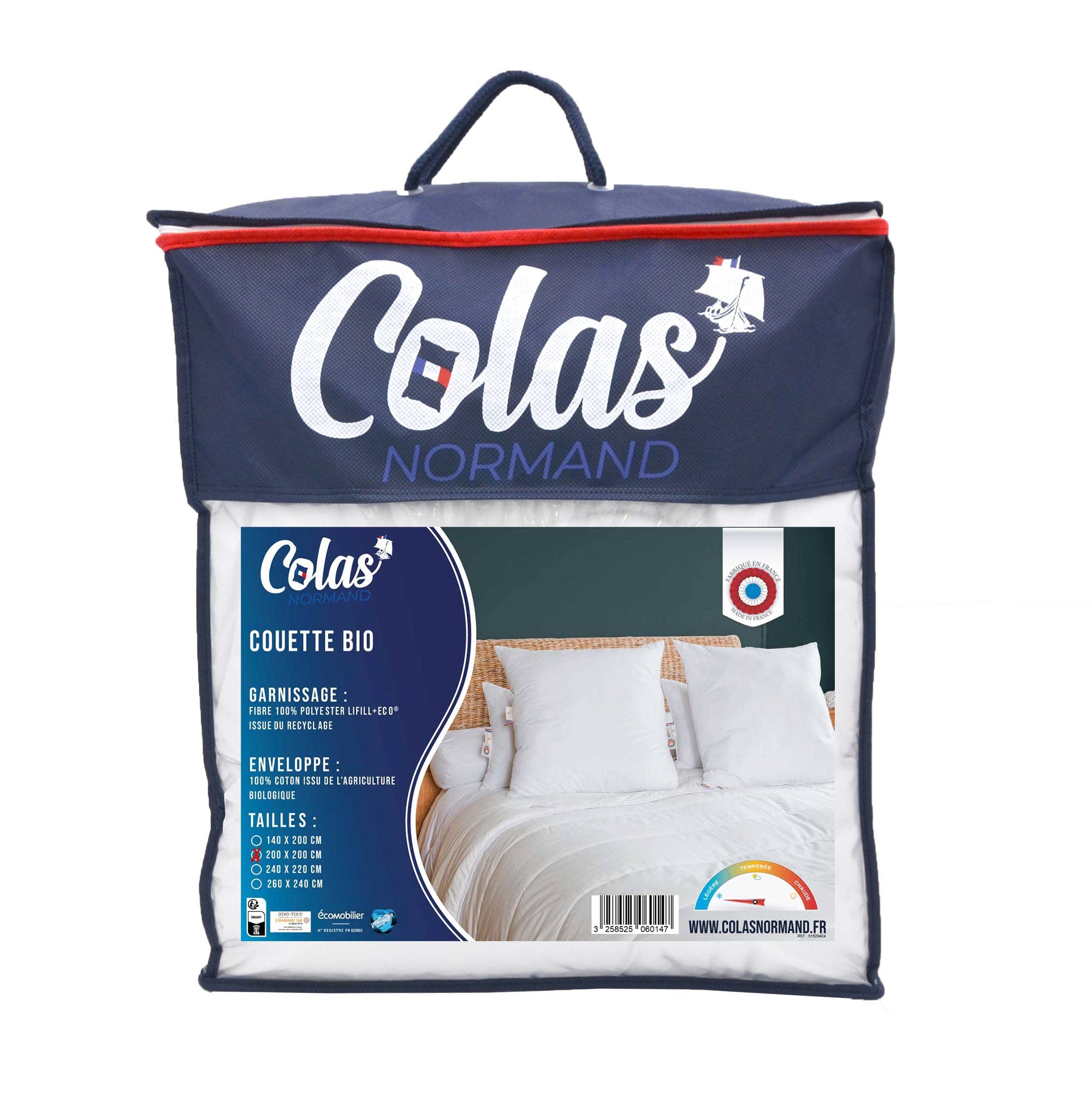 COLAS NORMAND | Piumino 200 x 200 cm | Cotone biologico e imbottitura riciclata | leggero, morbido | fabbricazione francese | lavabile in lavatrice a 40 °C