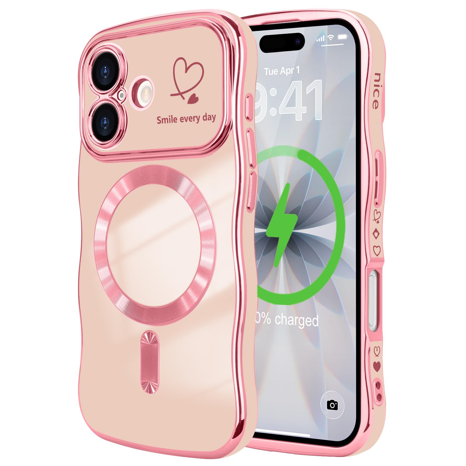 LCHULLE 用の iPhone 17 ケース MagSafe対応 うねうね ウェーブ おしゃれ メッキ加工 滑り止め 耐衝撃(ピンク)