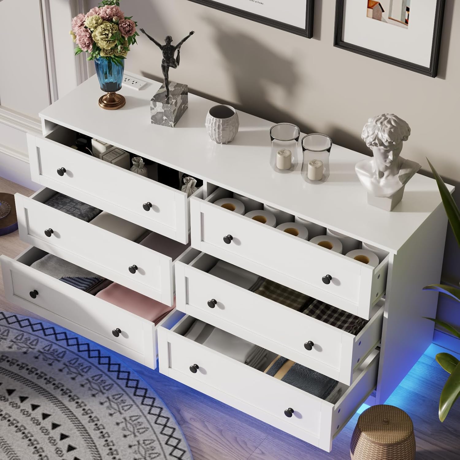 6 drawer dresser with power outlet and led light staged in bedroom