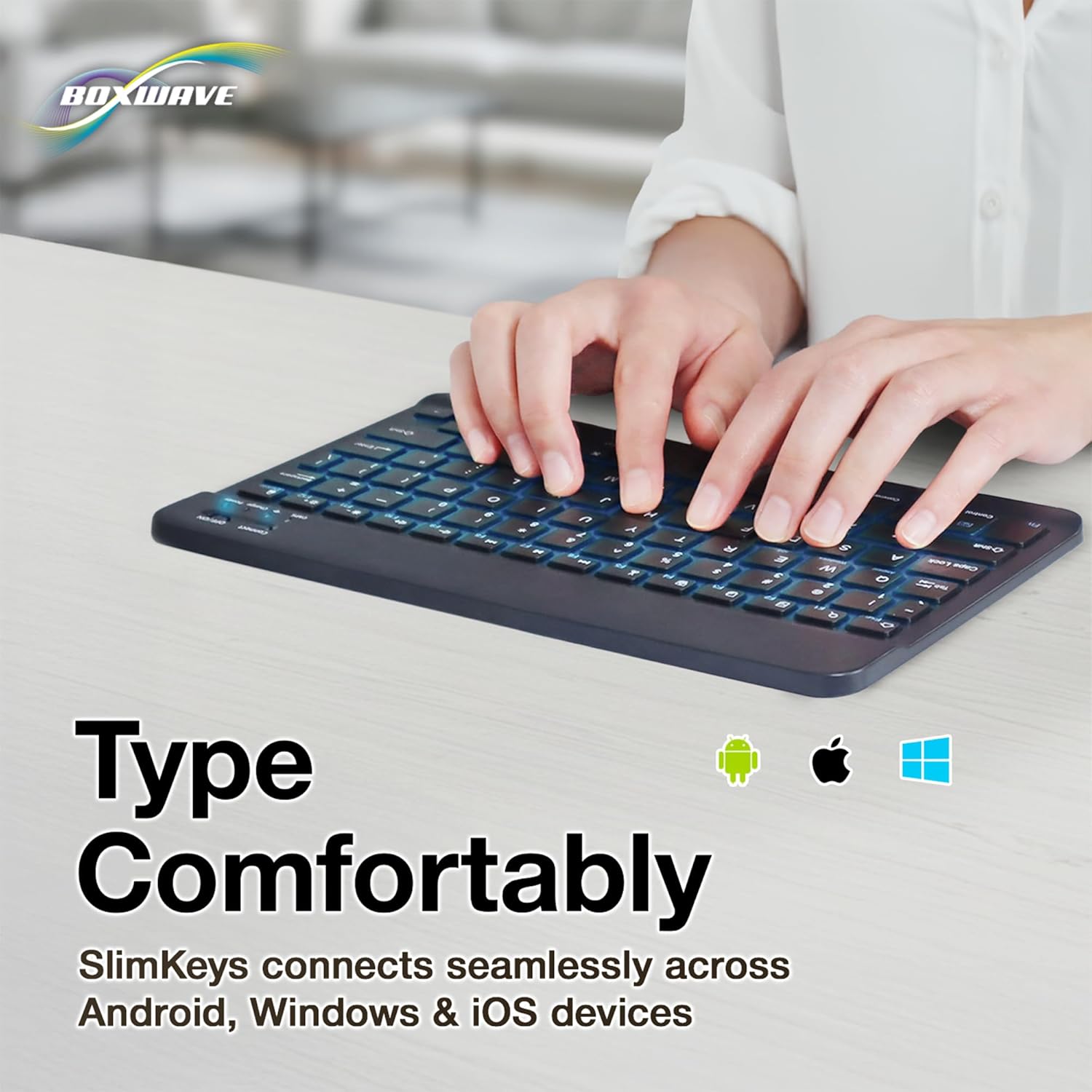 Close-up of the BoxWave SlimKeys keyboard showing the Connect and ON/OFF switches