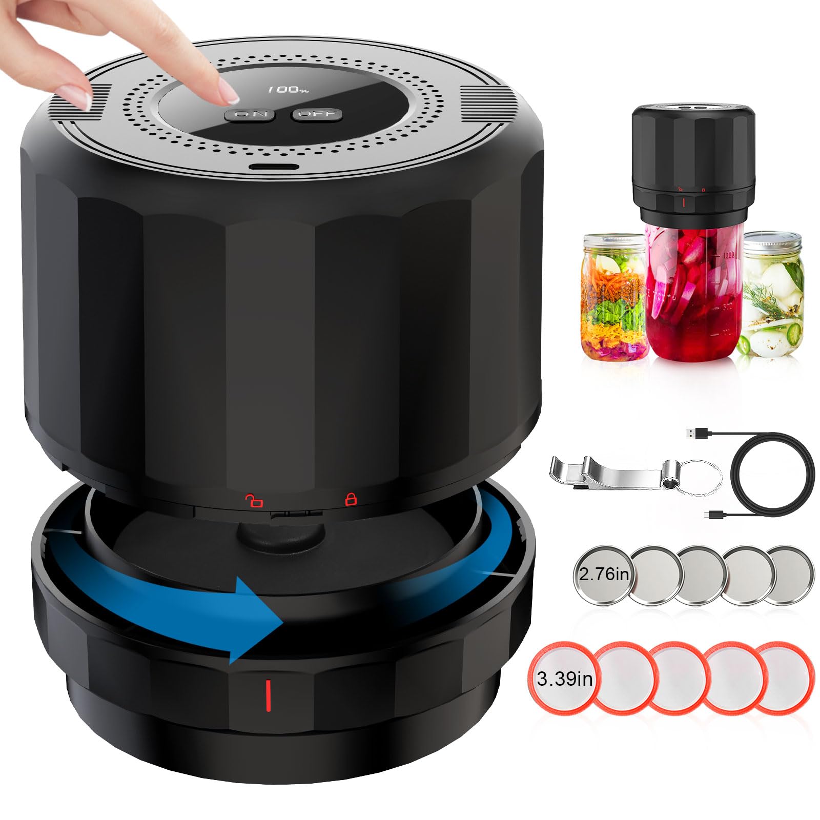 Mason Jar Vacuum Sealer - Electric Mason Jar Sealer Vacuum Sealing Kit, Vacuum Sealer for Mason Canning Jars with Can Opener, Regular and Wide Mouth Mason Jar Lids (Black Two Button)