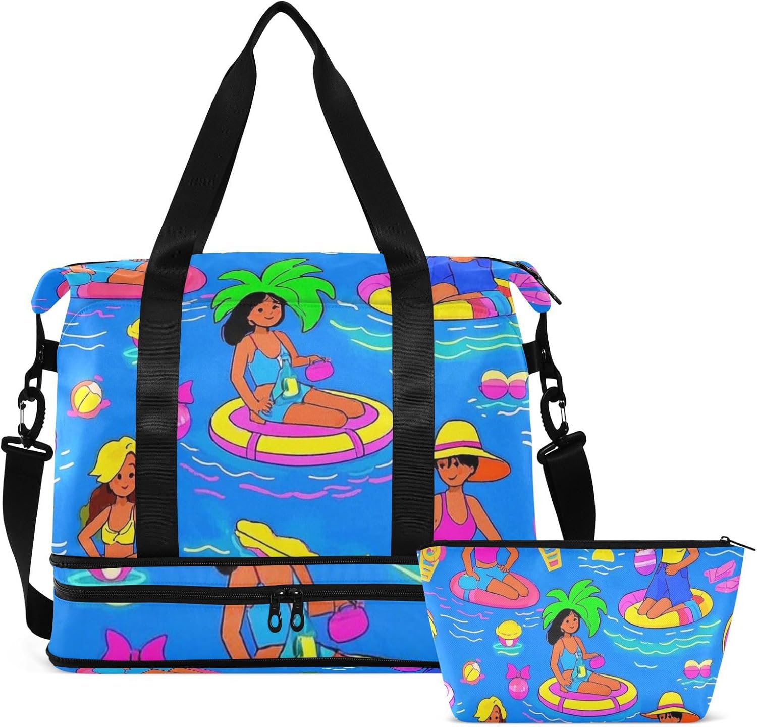 Blue Beach Party Cartoon Summer Sports Tote Gym Bag Large Carry On Bag with Toiletry Bag for Yoga Large Capacity