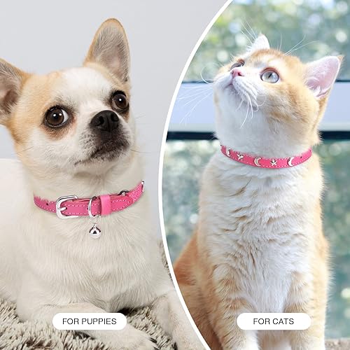 Miniatura 7 de Collares de cuero para gatos con campana y cinturón elástico de seguridad, collar de hebilla ajustable de estrella y luna personalizado para gatos