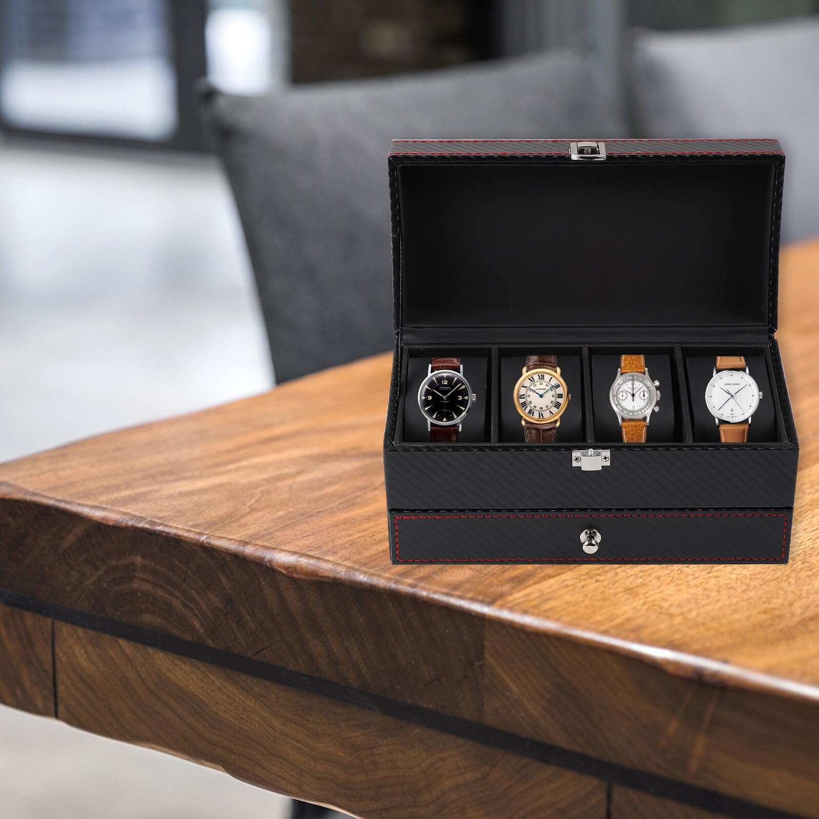 HEMOTON Boîte à Montres en Fibre de Carbone Noire Intérieur en Cuir Noir Coffret de Rangement pour Bijoux et Bagues Étui Compact pour Présentation et Protection Lors de Voyages