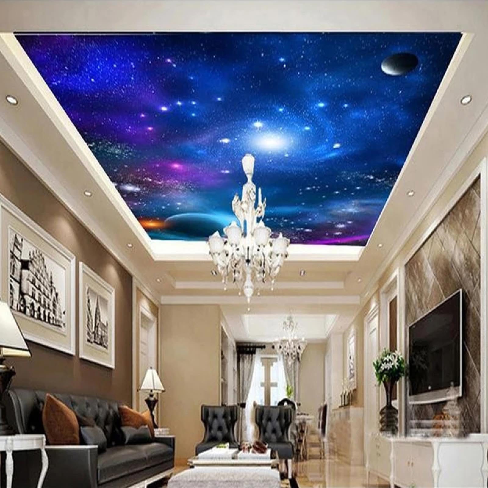 XINRUYI 3D Ceiling Mural Wallpaper with Colorful Starry Sky Theme for Living Room and Bedroom