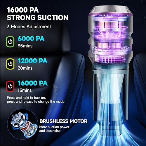 Miniatura 2 de Aspiradora de mano inalámbrica, aspiradora de automóvil con motor sin escobillas, aspiradora de succión fuerte y plumeros de aire comprimido con luz