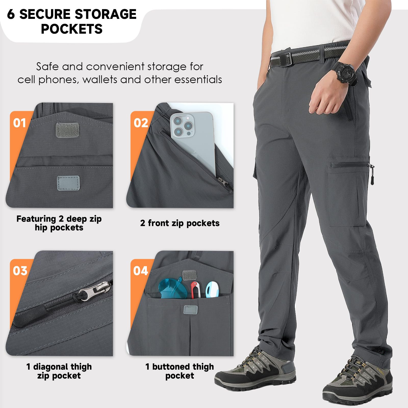 BWBIKE Pantaloni da Escursionismo Outdoor da Uomo - Pantaloni Cargo Leggeri e Traspiranti ad Asciugatura Rapida con 6 Tasche per Pesca e Trekking, Viaggi e Avventure Estive