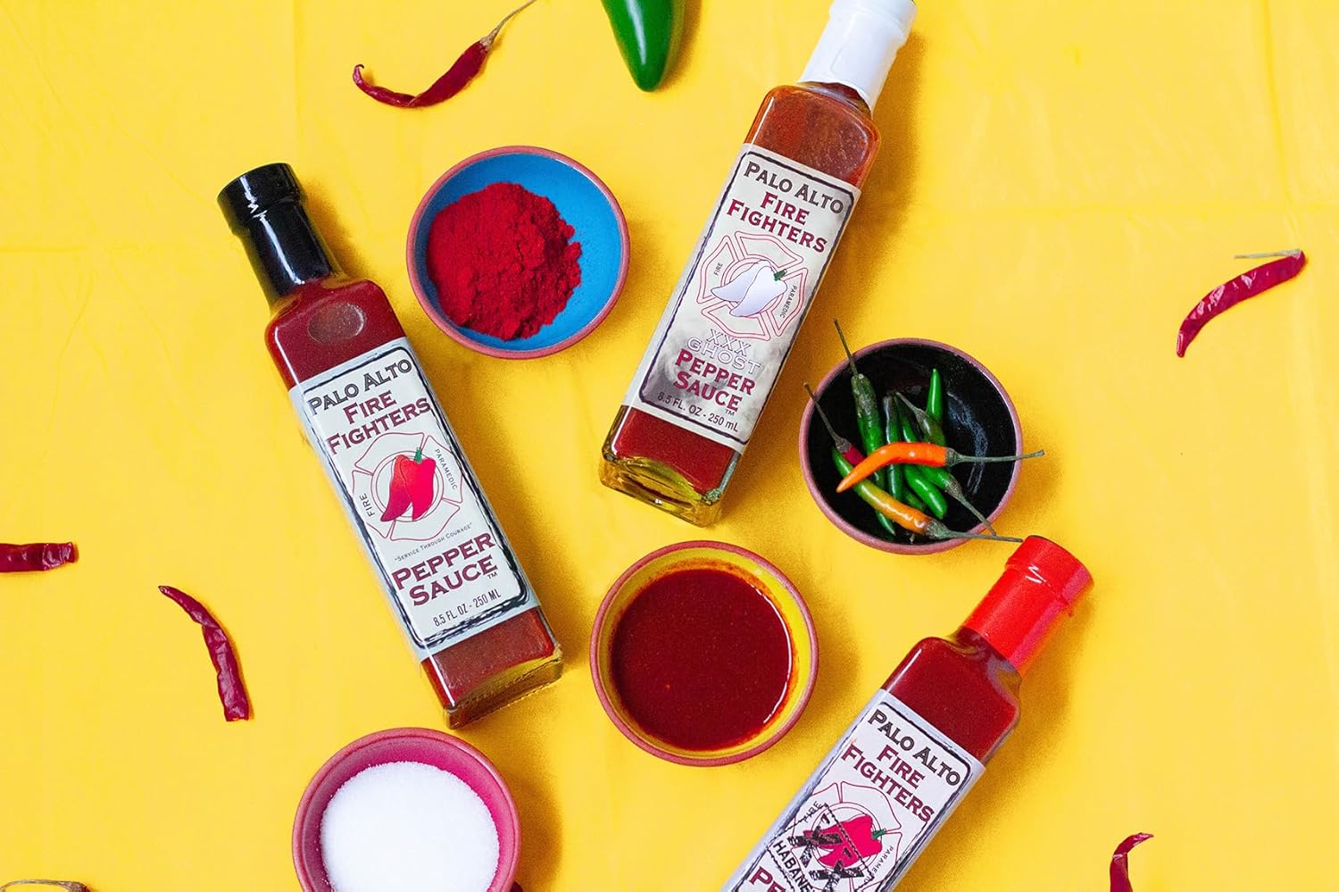Palo Alto Firefighters Pepper Sauce Variety Pack (8.5oz) - Pack of 3 (Original, Habanero, Ghost Pepper) - Salt Free Pepper Plant Hot Sauce, No Sodium Hot Pepper Sauce, No Salt Sauces