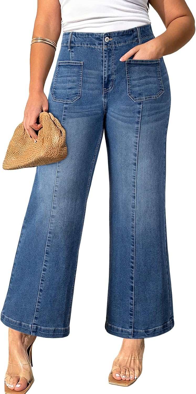 Eytino Women's Plus Size Wide Leg Jeans Elastic Waist Front Seam Stretchy Denim Pants with Pockets(1X-5X)