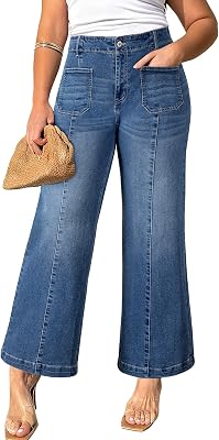 Eytino Women's Plus Size Wide Leg Jeans Elastic Waist Front Seam Stretchy Denim Pants with Pockets(1X-5X)