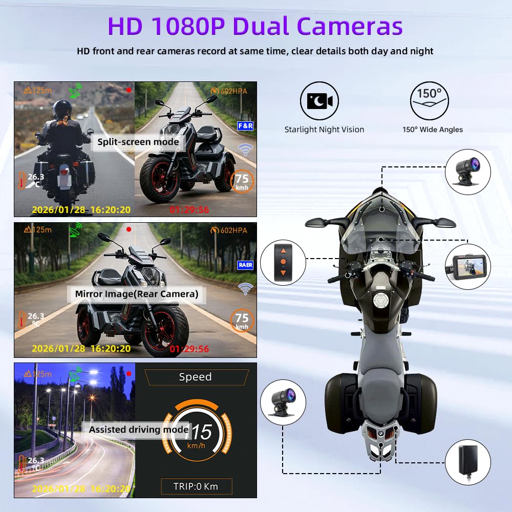 VSYSTO Dashcam per moto WiFi a tre ruote, 3 sensori di pressione pneumatici, schermo da 4'', grandangolo 150°, visione notturna Starlight, modalità di visualizzazione assistita Sistema DVR moto