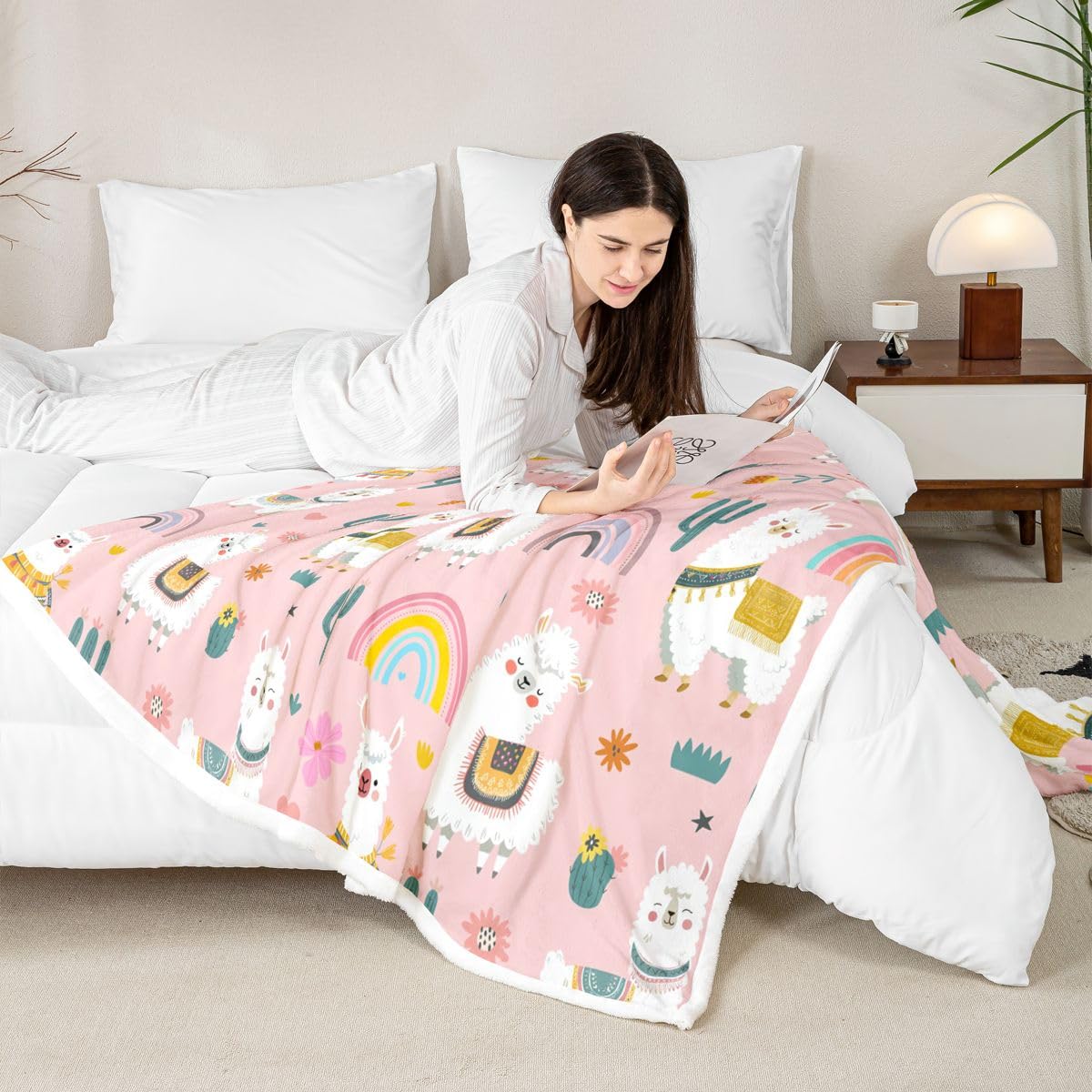 Homewish Różowy boho lama koc polarowy Twin 152 x 203 cm uroczy sukulent ciepły pluszowy koc szerpa kreskówka zwierzę puszysty pluszowy narzuta boho stylowy do salonu sypialni biura