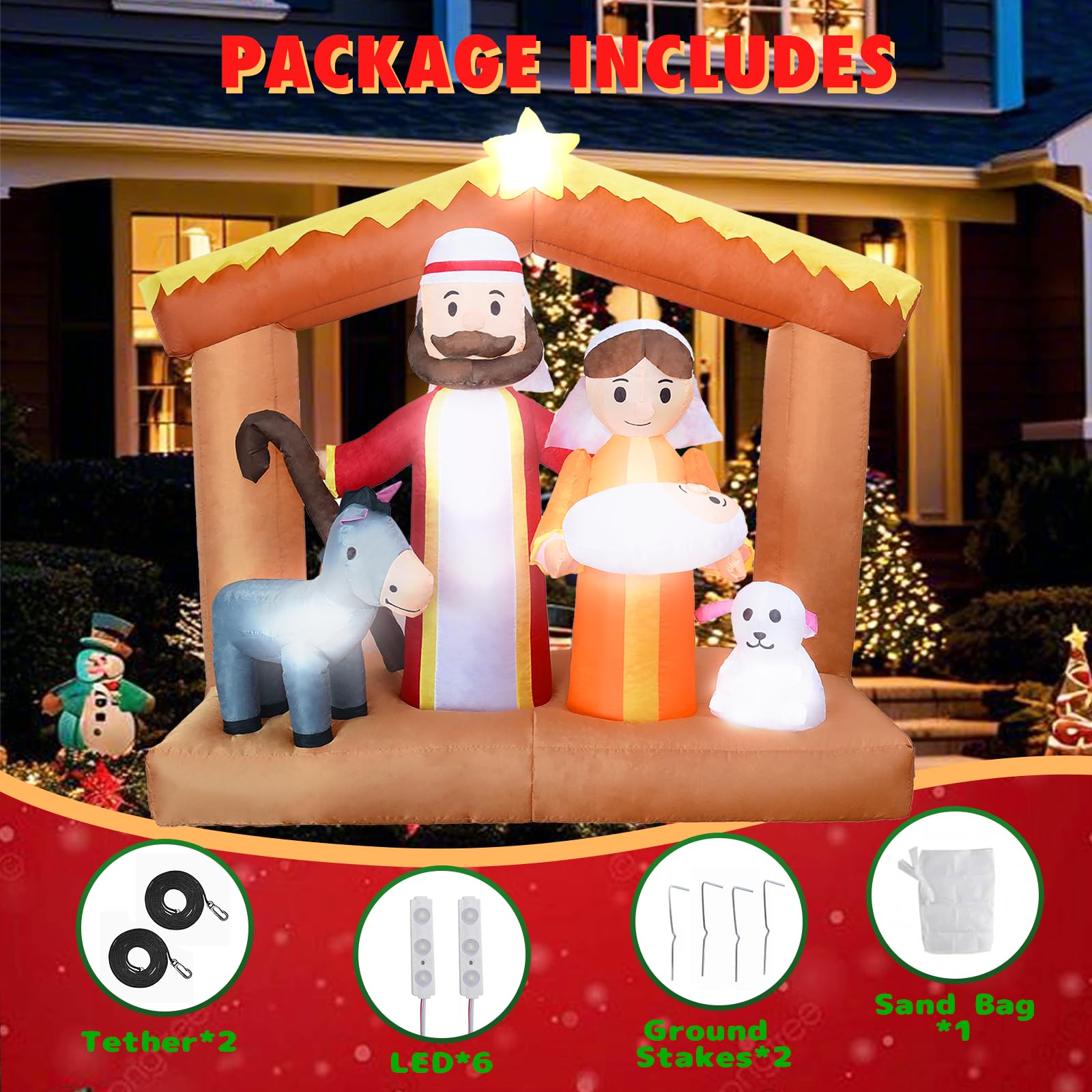 Decorazione natalizia da 1,8 m, presepe con luce a LED, decorazione natalizia per giardino, prato, patio, Natale, vacanze, interni, decorazione per feste