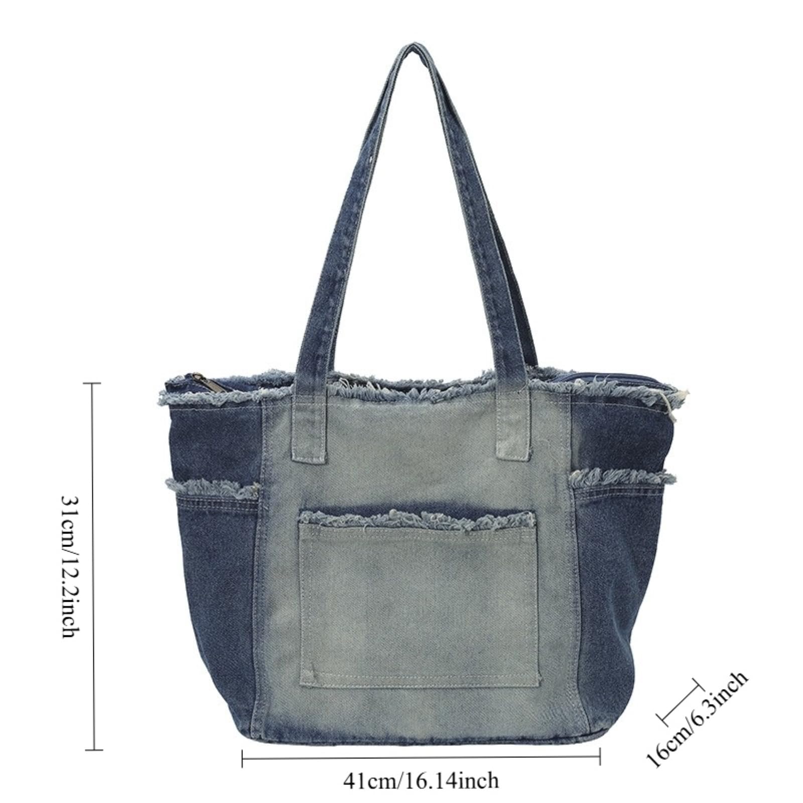 Borsa a Tracolla sac À Épaule Franges En Denim De Grande Capacité Style Lavé pour Les Femmes Navette Quotidien Correspondant-Light Blue